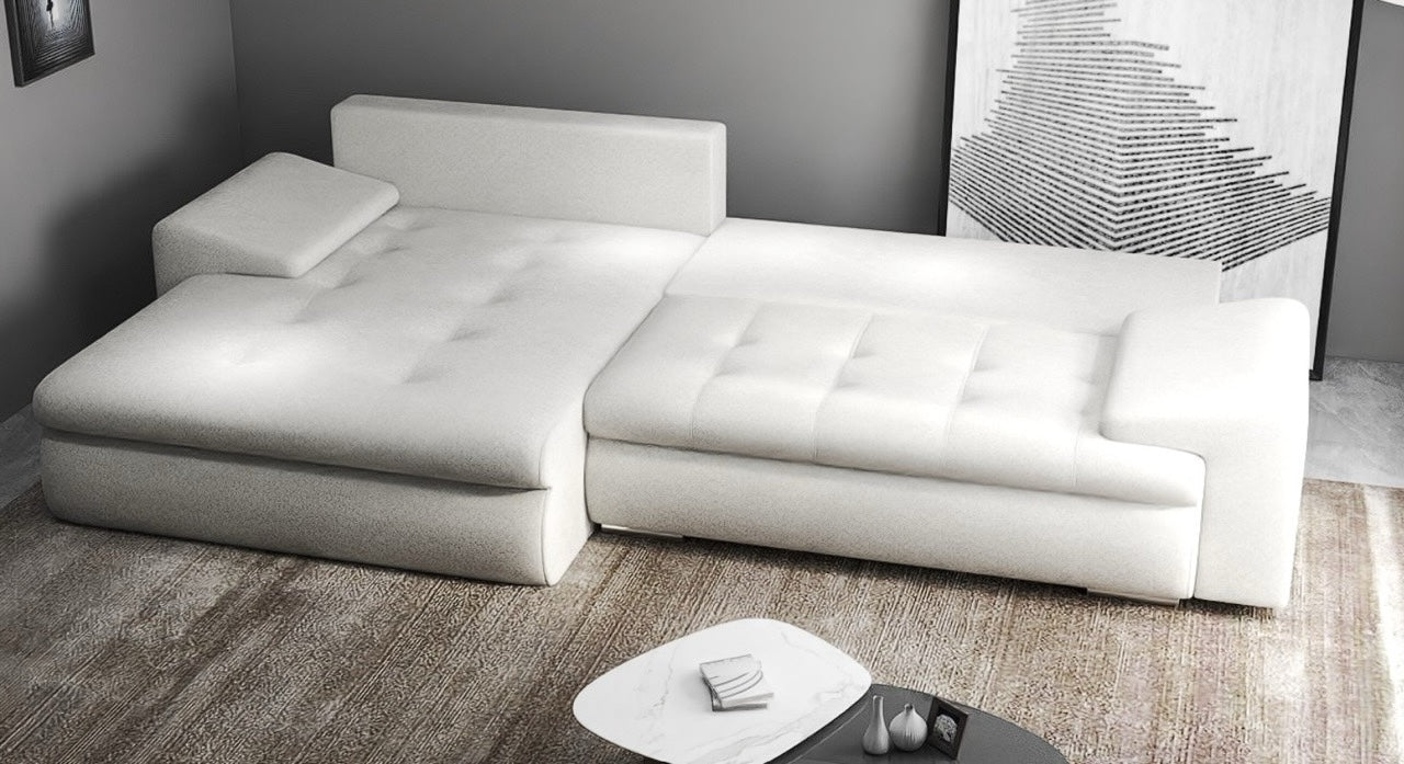 Colțar extensibil dumonde cu ladă de depozitare si sezut confortabil din spuma HR, Leonardo Euphoria Ivory 260x185 cm Fabrica
