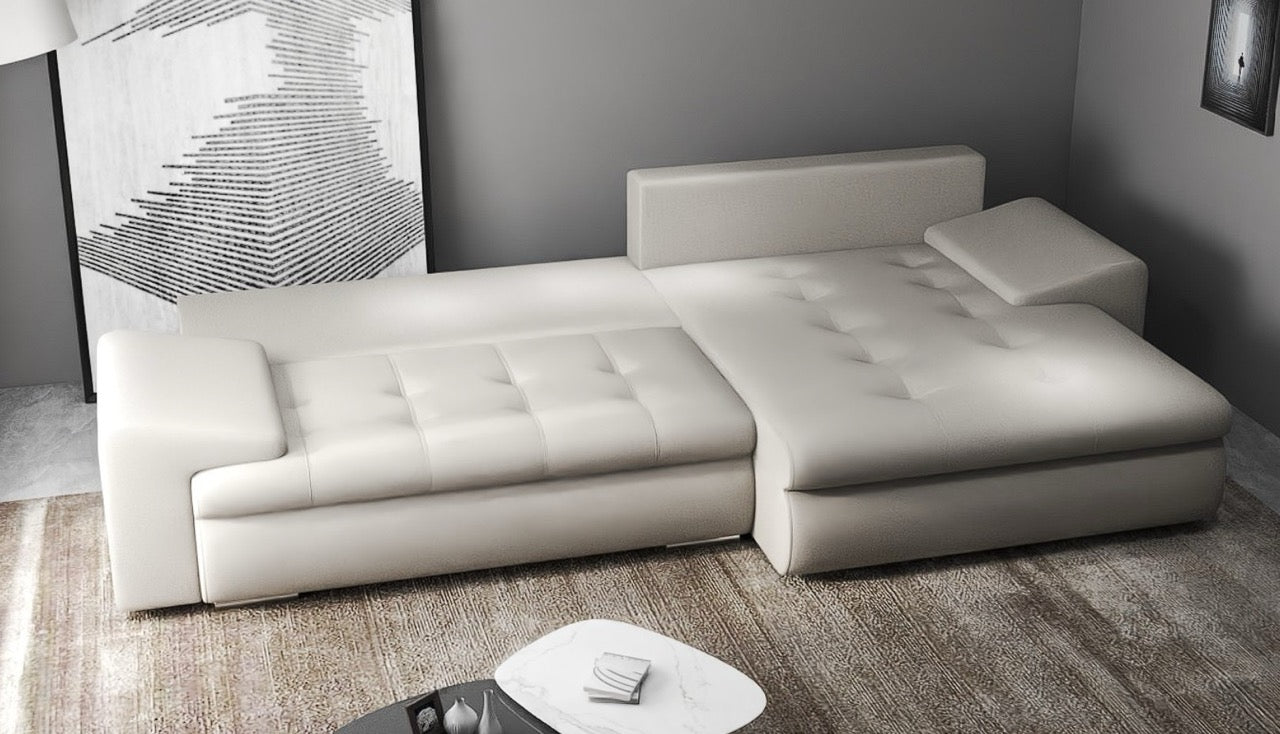 Colțar extensibil dumonde cu ladă de depozitare si sezut confortabil din spuma HR, Leonardo Enjoy Bej 260x185 cm II Fabrica