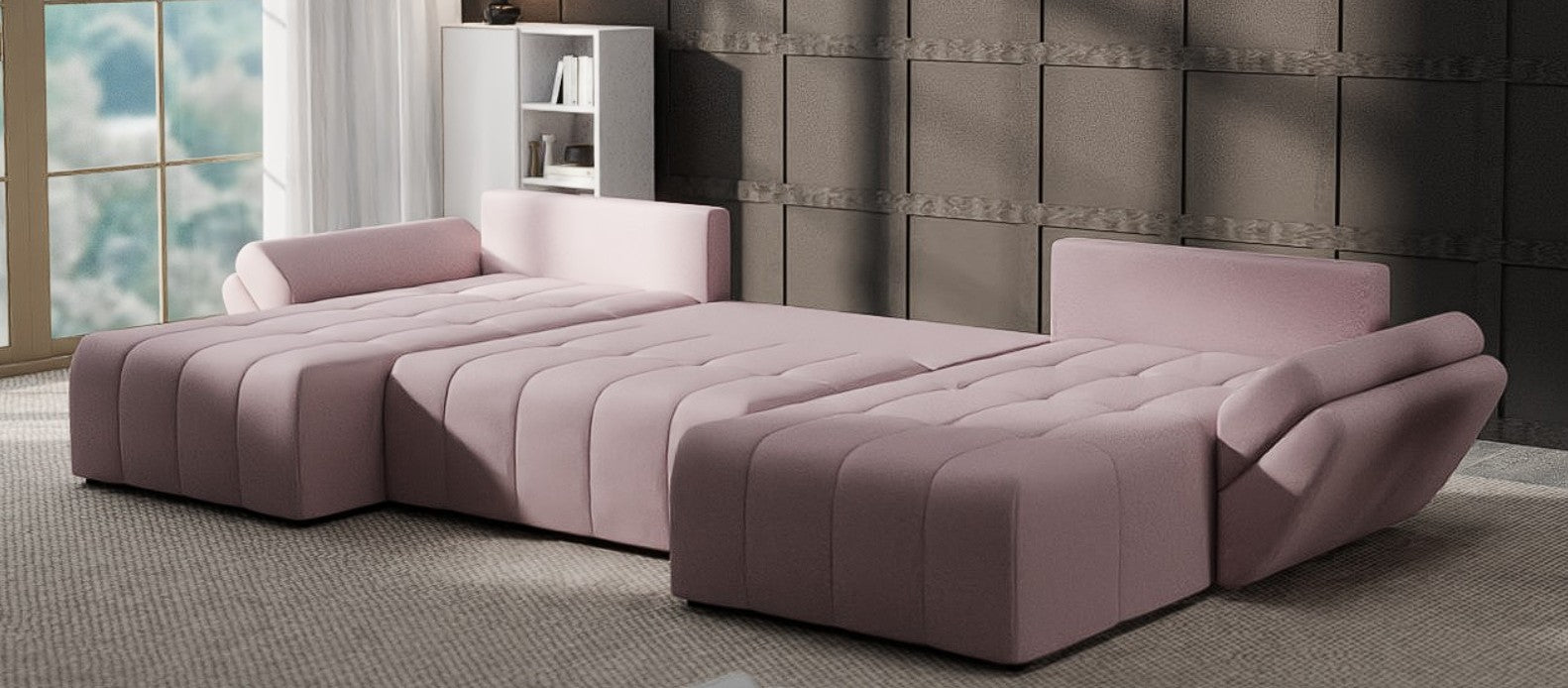 Colțar extensibil dumonde cu ladă de depozitare si sezut confortabil din spuma HR, Berlin U Enjoy Flamingo 380x180 cm Fabrica