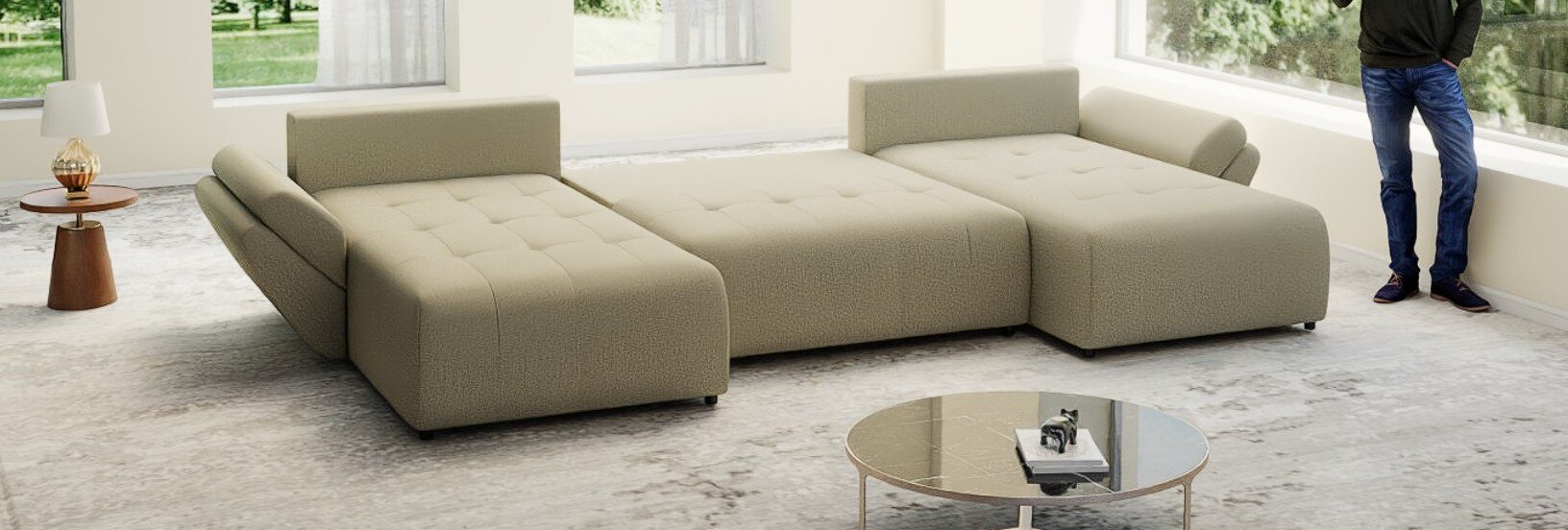 Colțar extensibil dumonde cu ladă de depozitare si sezut confortabil din spuma HR, Berlin U Enjoy Camel 380x180 cm