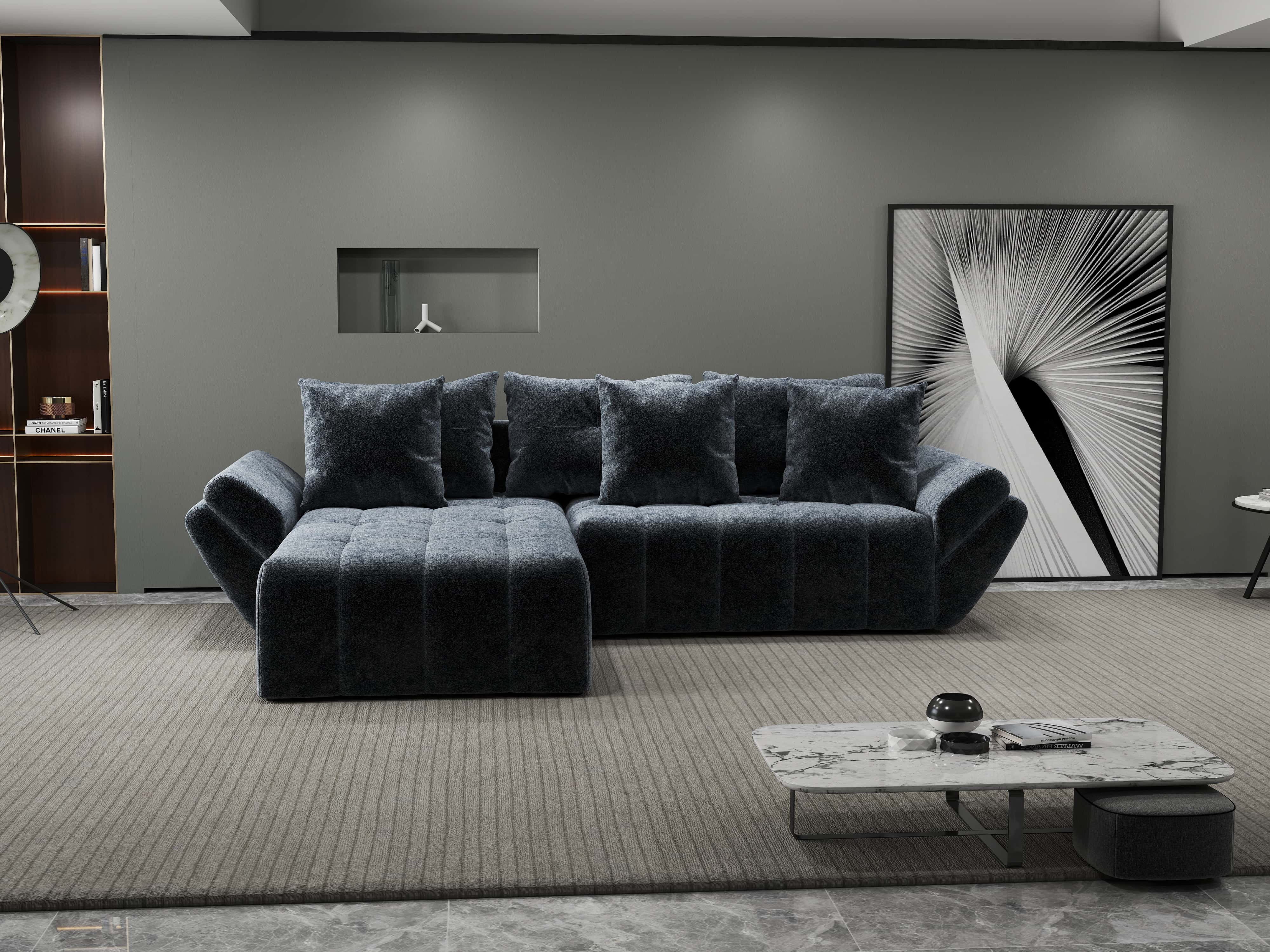 Colțar extensibil dumonde cu ladă de depozitare si sezut confortabil din spuma HR, Berlin Euphoria Grafit 280x185 cm Fabrica