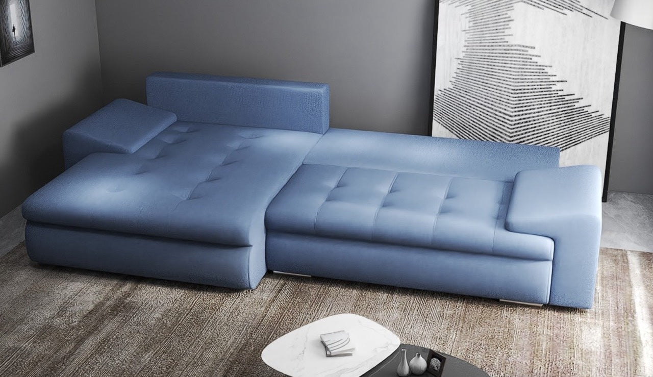 Colțar extensibil dumonde cu ladă de depozitare si sezut confortabil din spuma HR, Leonardo Enjoy Albastru 260x185 cm Fabrica