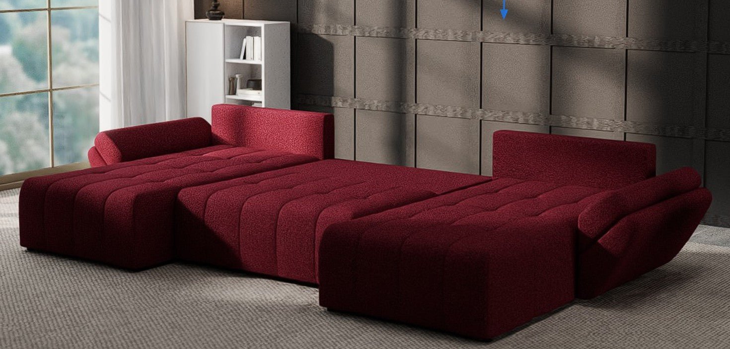 Colțar extensibil dumonde cu ladă de depozitare si sezut confortabil din spuma HR, Berlin U Enjoy Rosu 380x180 cm Fabrica