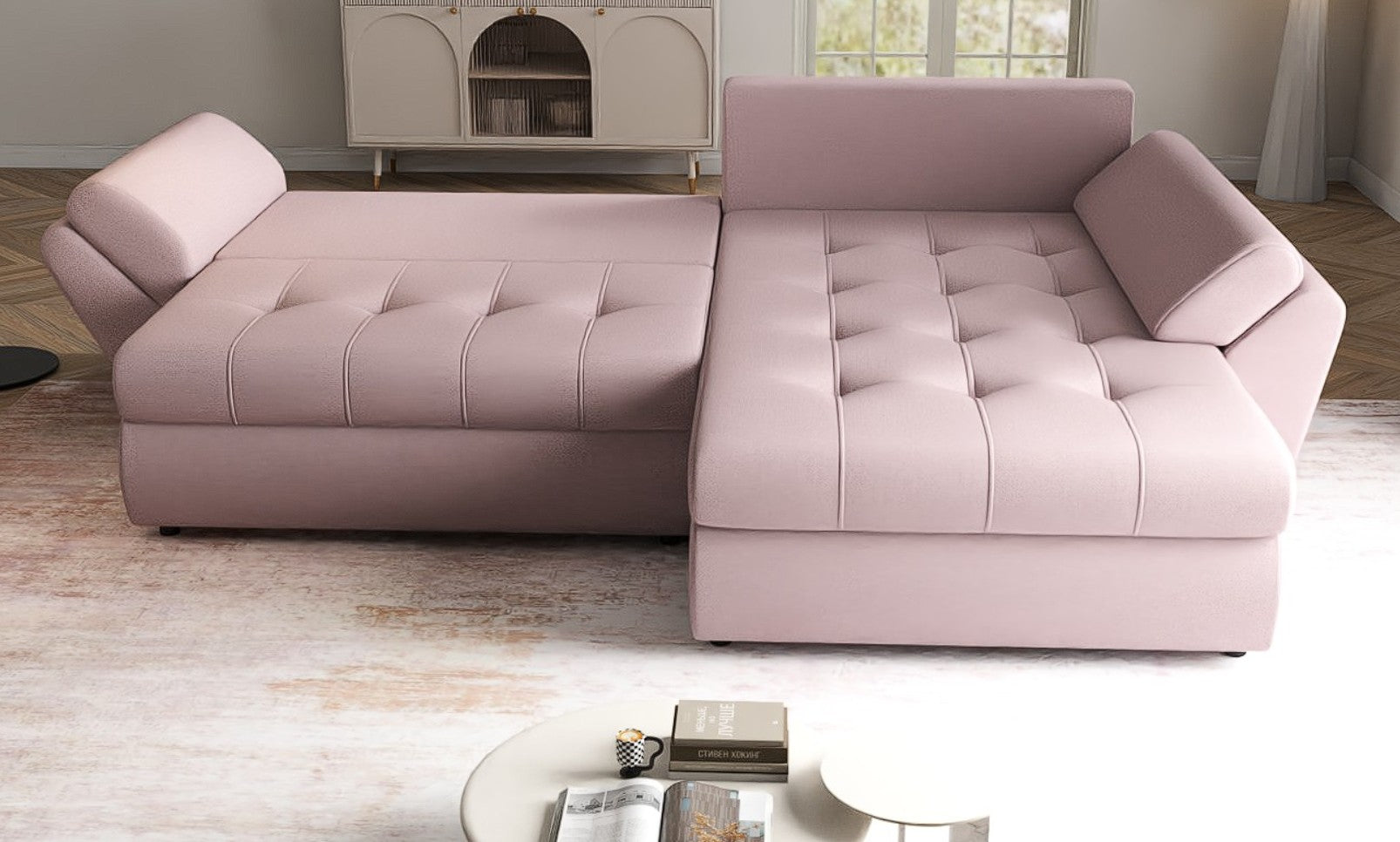 Colțar extensibil dumonde cu ladă de depozitare si sezut confortabil din spuma HR, Loana Enjoy Flamingo II 270x185 cm Fabrica