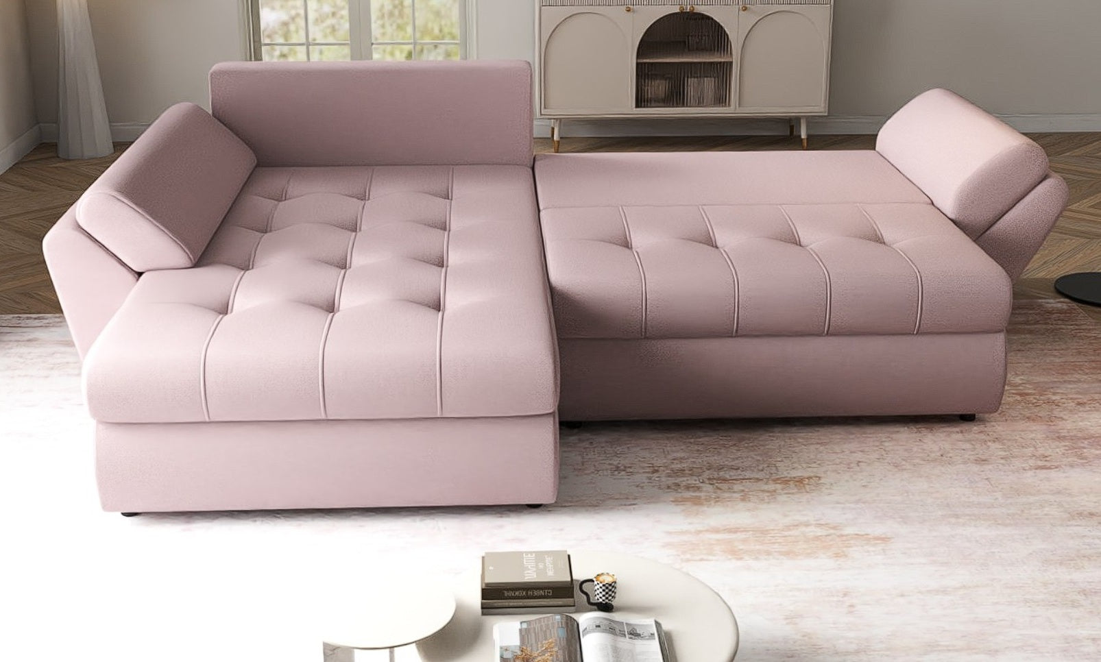 Colțar extensibil dumonde cu ladă de depozitare si sezut confortabil din spuma HR, Loana Enjoy Flamingo 270x185 cm Fabrica