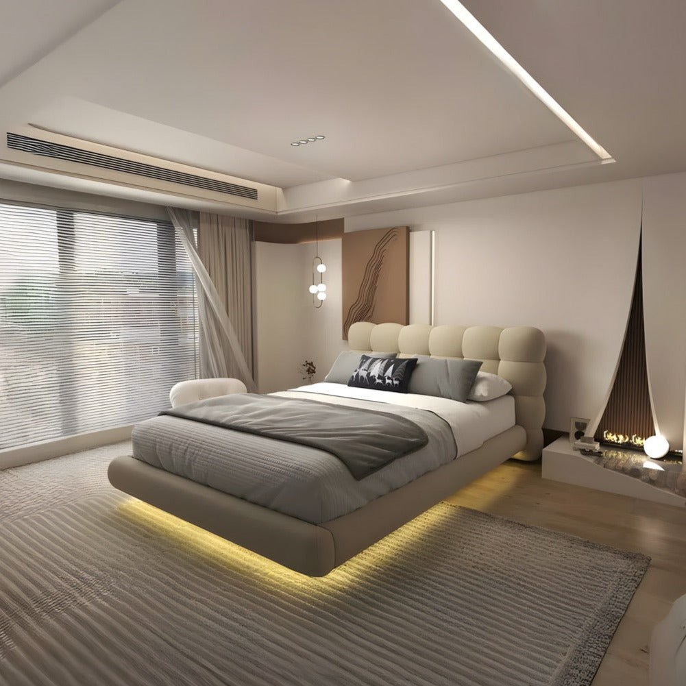 Pat dormitor dumonde, tapitat bej cu LED, "floating bed" Cloud 160x200 cm, somiera inclusa WLS
