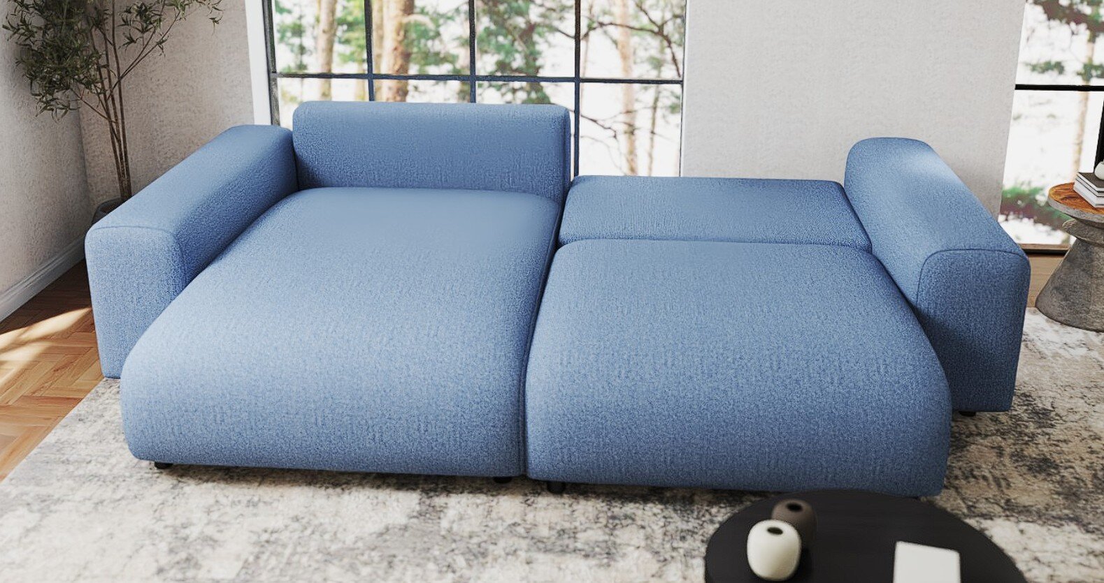 Colțar extensibil dumonde cu ladă de depozitare si sezut confortabil din spuma HR, Sarina Enjoy Albastru 255x168 cm