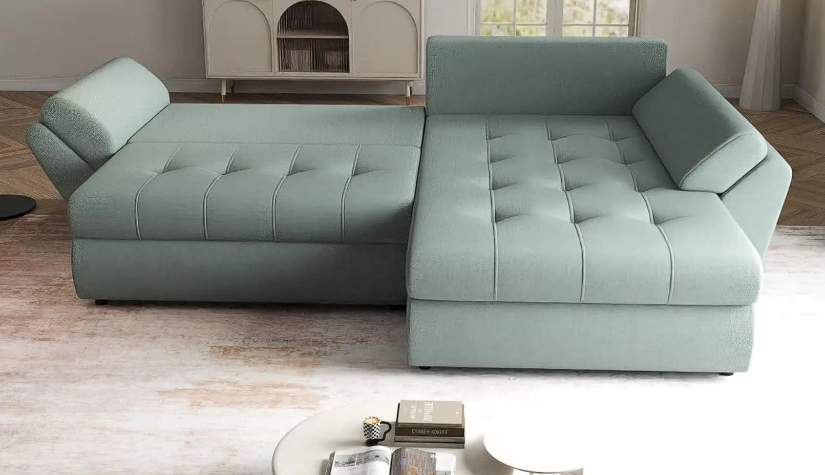 Colțar extensibil dumonde cu ladă de depozitare si sezut confortabil din spuma HR, Loana Mint II 270x185 cm Fabrica