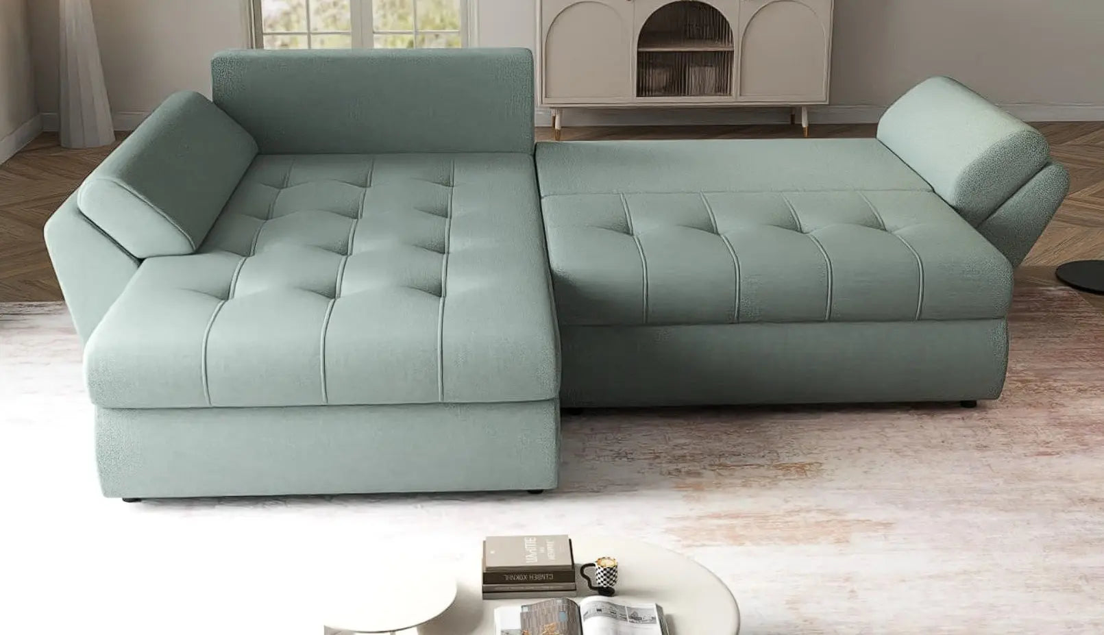 Colțar extensibil dumonde cu ladă de depozitare si sezut confortabil din spuma HR, Loana Mint 270x185 cm Fabrica