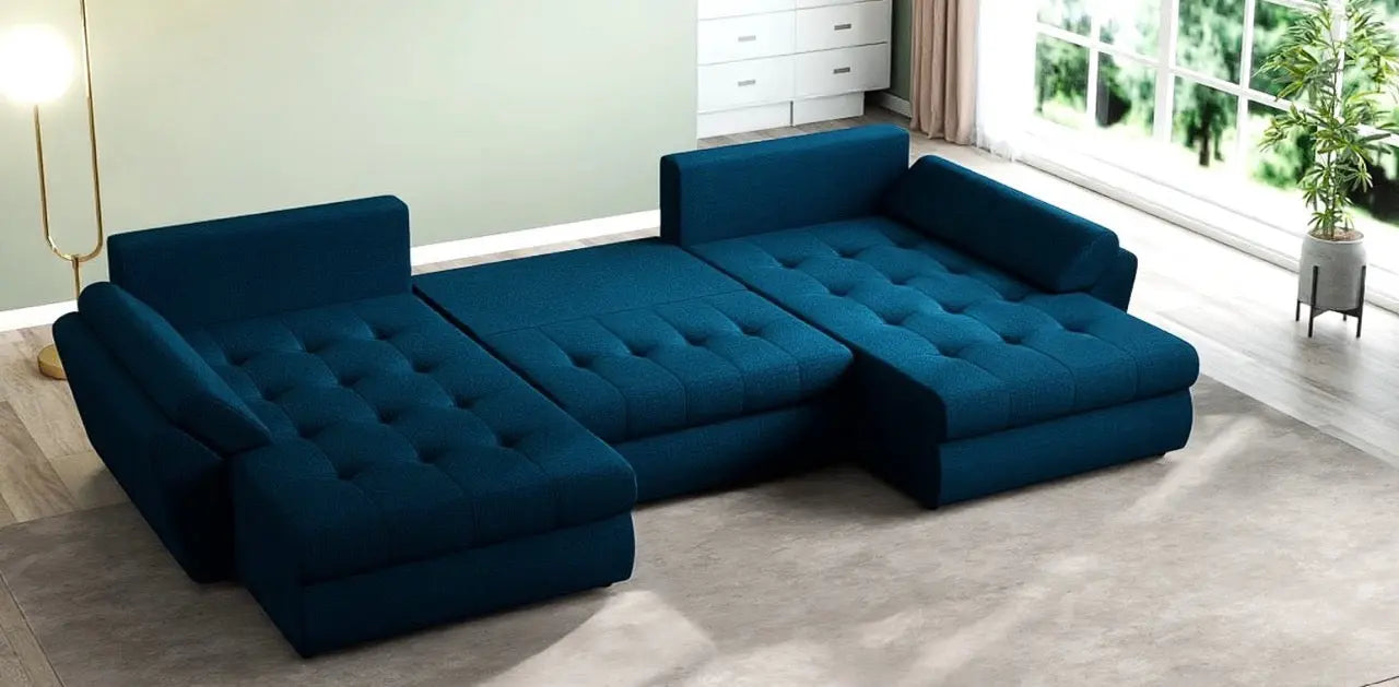 Colțar extensibil dumonde cu ladă de depozitare si sezut confortabil din spuma HR, Loana U Enjoy Petrol 355x185 cm Fabrica