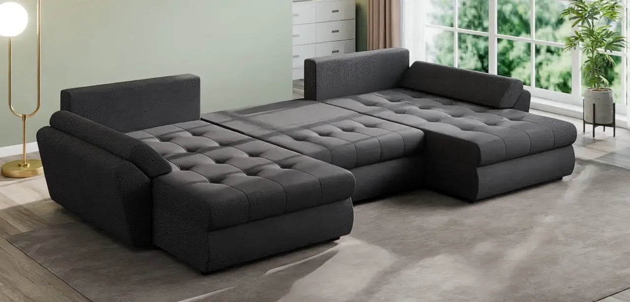 Colțar extensibil dumonde cu ladă de depozitare si sezut confortabil din spuma HR, Loana U Enjoy Grafit 355x185 cm Fabrica