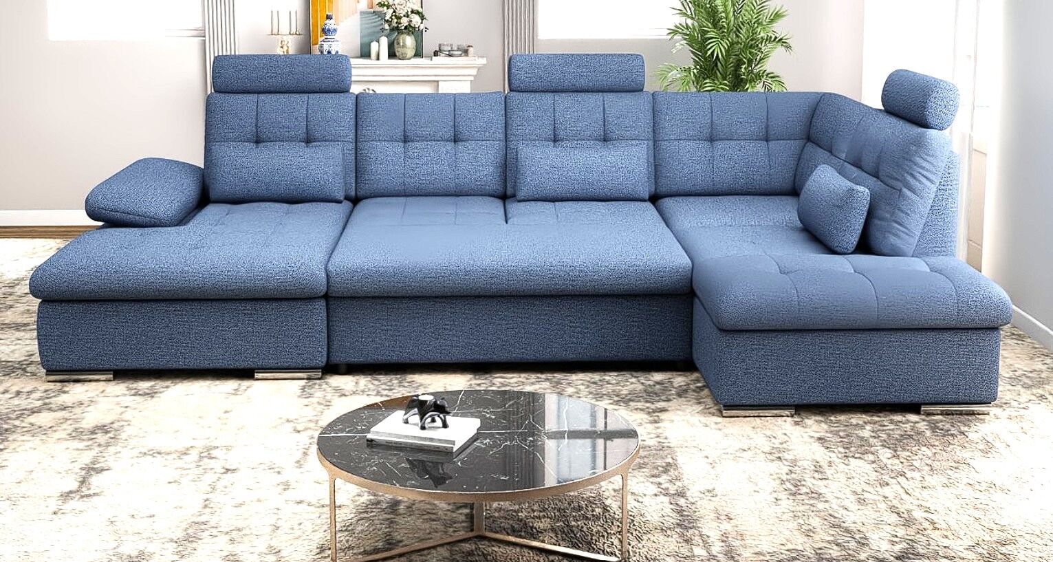 Colțar extensibil dumonde cu ladă de depozitare și șezut confortabil din spumă HR, Merkur U Enjoy Albastru 324x218 cm