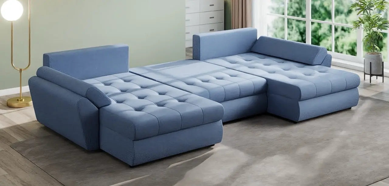 Colțar extensibil dumonde cu ladă de depozitare si sezut confortabil din spuma HR, Loana U Enjoy Blue 355x185 cm Fabrica