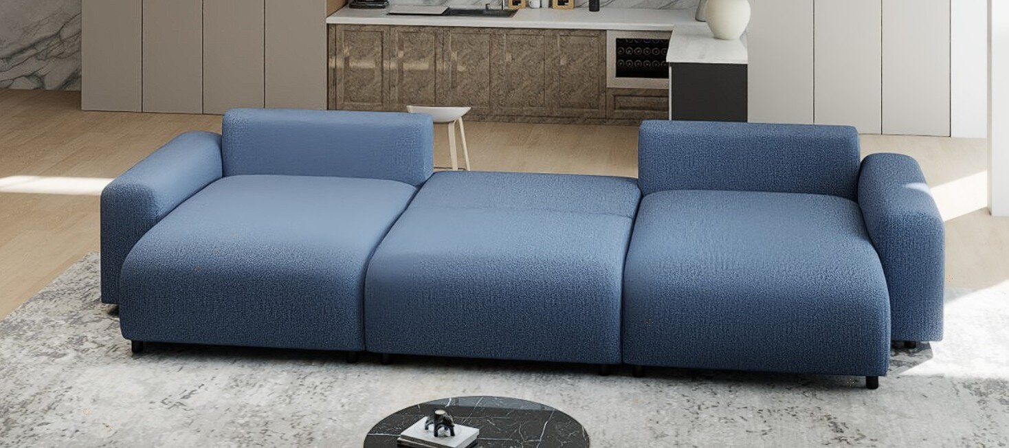 Colțar extensibil dumonde cu ladă de depozitare si sezut confortabil din spuma HR, Luma U Enjoy Albastru 336x140 cm