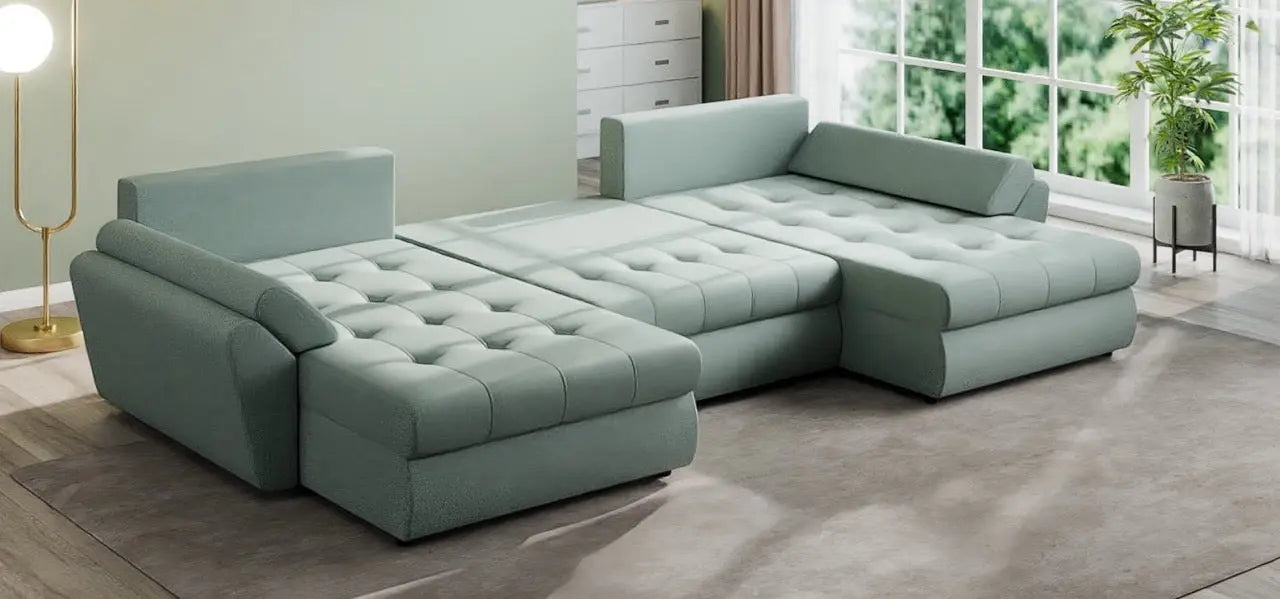 Colțar extensibil dumonde cu ladă de depozitare si sezut confortabil din spuma HR, Loana U Enjoy Mint 355x185 cm Fabrica
