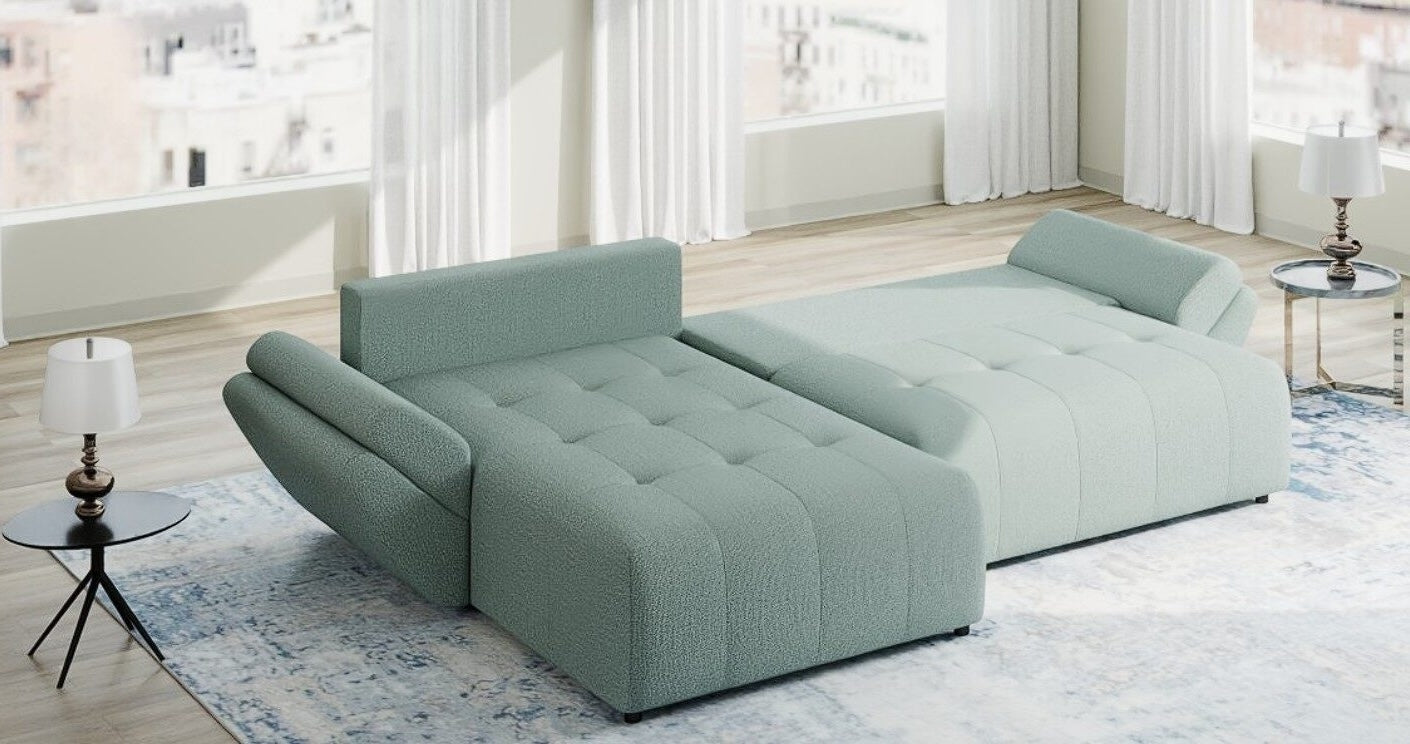 Colțar extensibil dumonde cu ladă de depozitare si sezut confortabil din spuma HR, Berlin Enjoy Verde Mint 280x185 cm