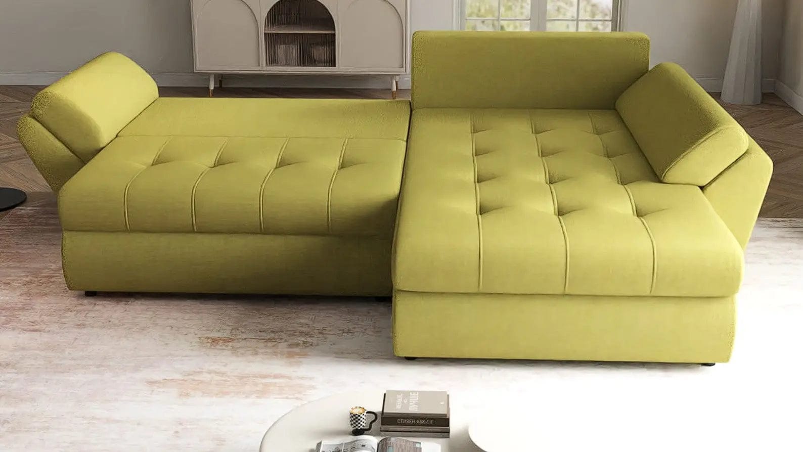 Colțar extensibil dumonde cu ladă de depozitare si sezut confortabil din spuma HR, Loana Green Lux II 270x185 cm Fabrica