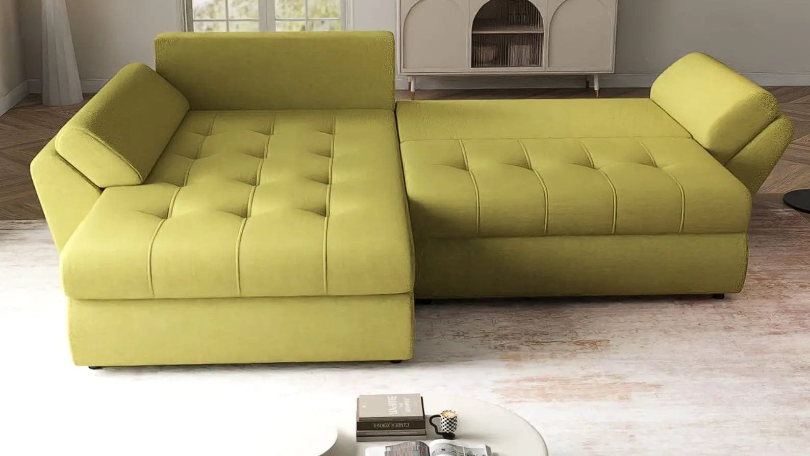 Colțar extensibil dumonde cu ladă de depozitare si sezut confortabil din spuma HR, Loana Green Lux 270x185 cm Fabrica