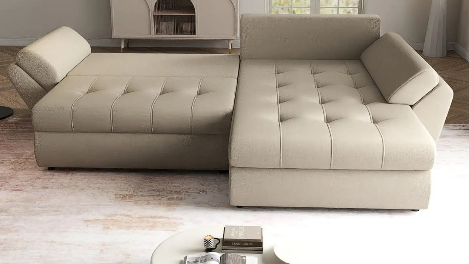 Colțar extensibil dumonde cu ladă de depozitare si sezut confortabil din spuma HR, Loana Camel II 270x185 cm Fabrica