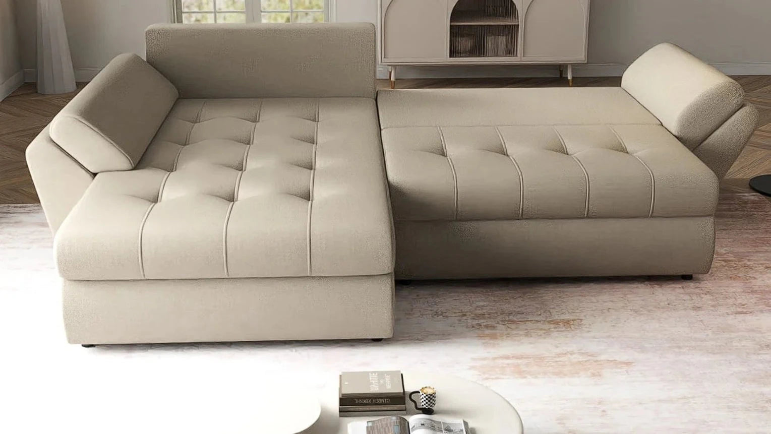 Colțar extensibil dumonde cu ladă de depozitare si sezut confortabil din spuma HR, Loana Enjoy Camel II 270x185 cm Fabrica