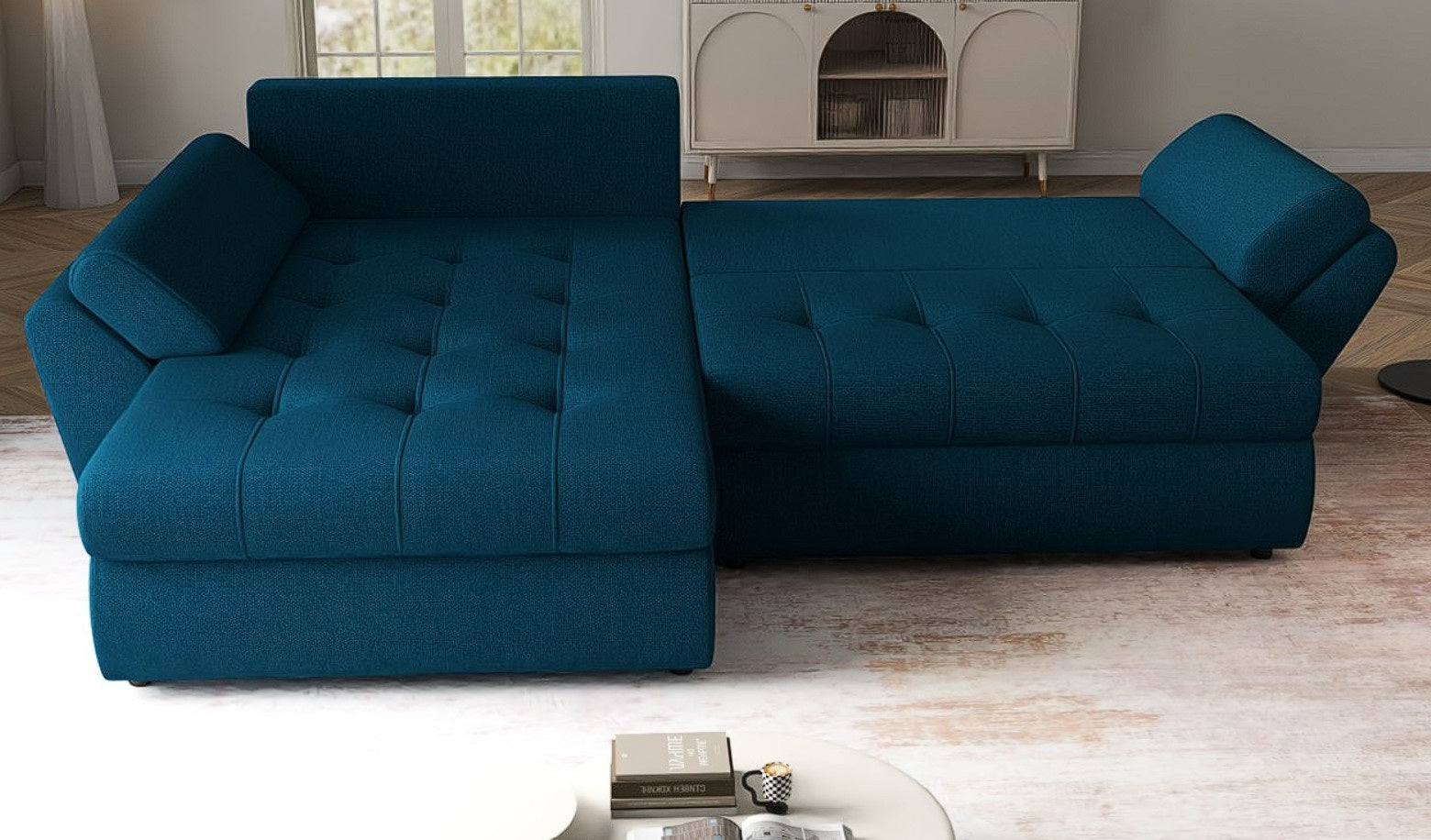 Colțar extensibil dumonde cu ladă de depozitare si sezut confortabil din spuma HR, Loana Enjoy Petrol 270x185 cm Fabrica