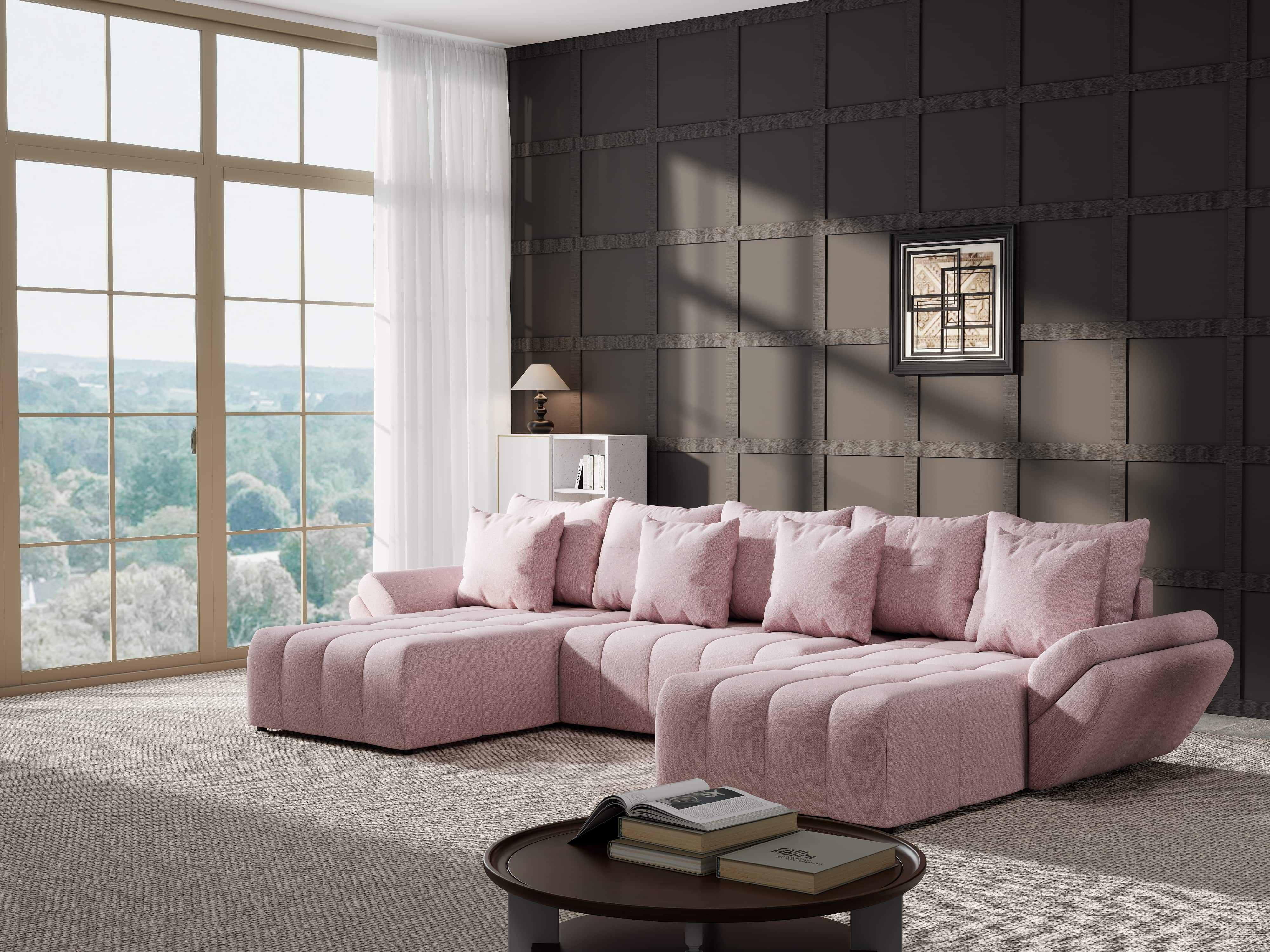 Colțar extensibil dumonde cu ladă de depozitare si sezut confortabil din spuma HR, Berlin U Enjoy Flamingo 380x180 cm Fabrica