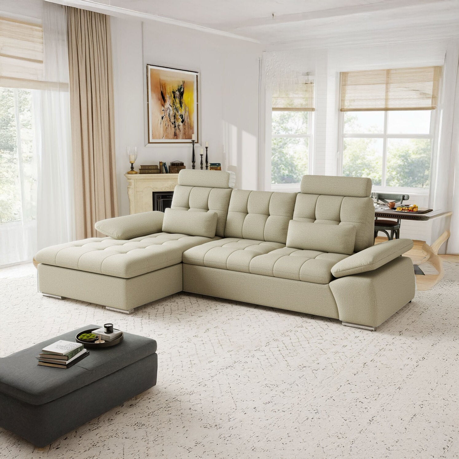 Colțar extensibil dumonde cu ladă de depozitare și șezut confortabil din spumă HR, Merkur Enjoy Bej 270x168 cm