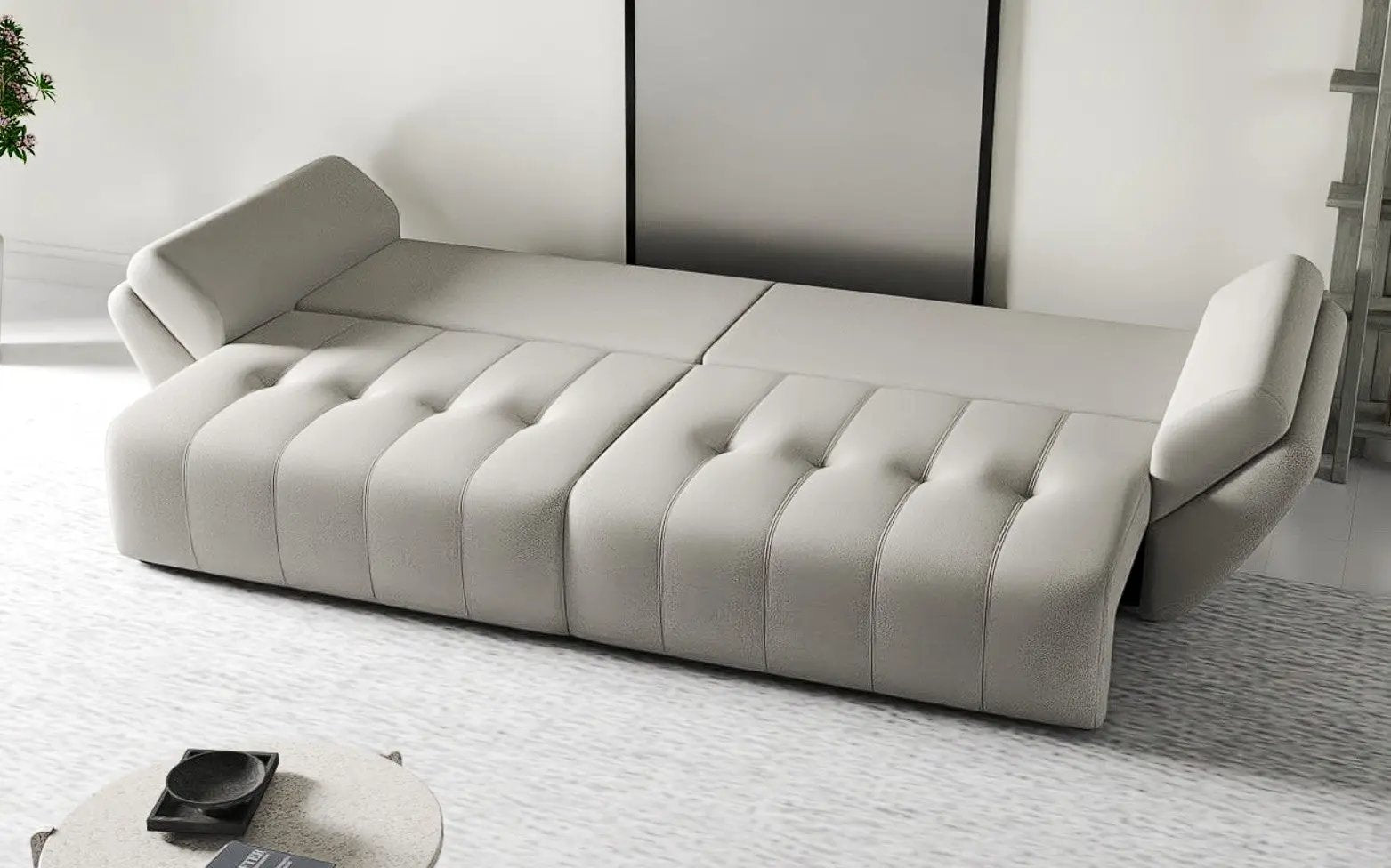 Canapea extensibilă dumonde cu ladă de depozitare si sezut confortabil din spuma HR, Berlin Enjoy Beige 300x100 cm Fabrica