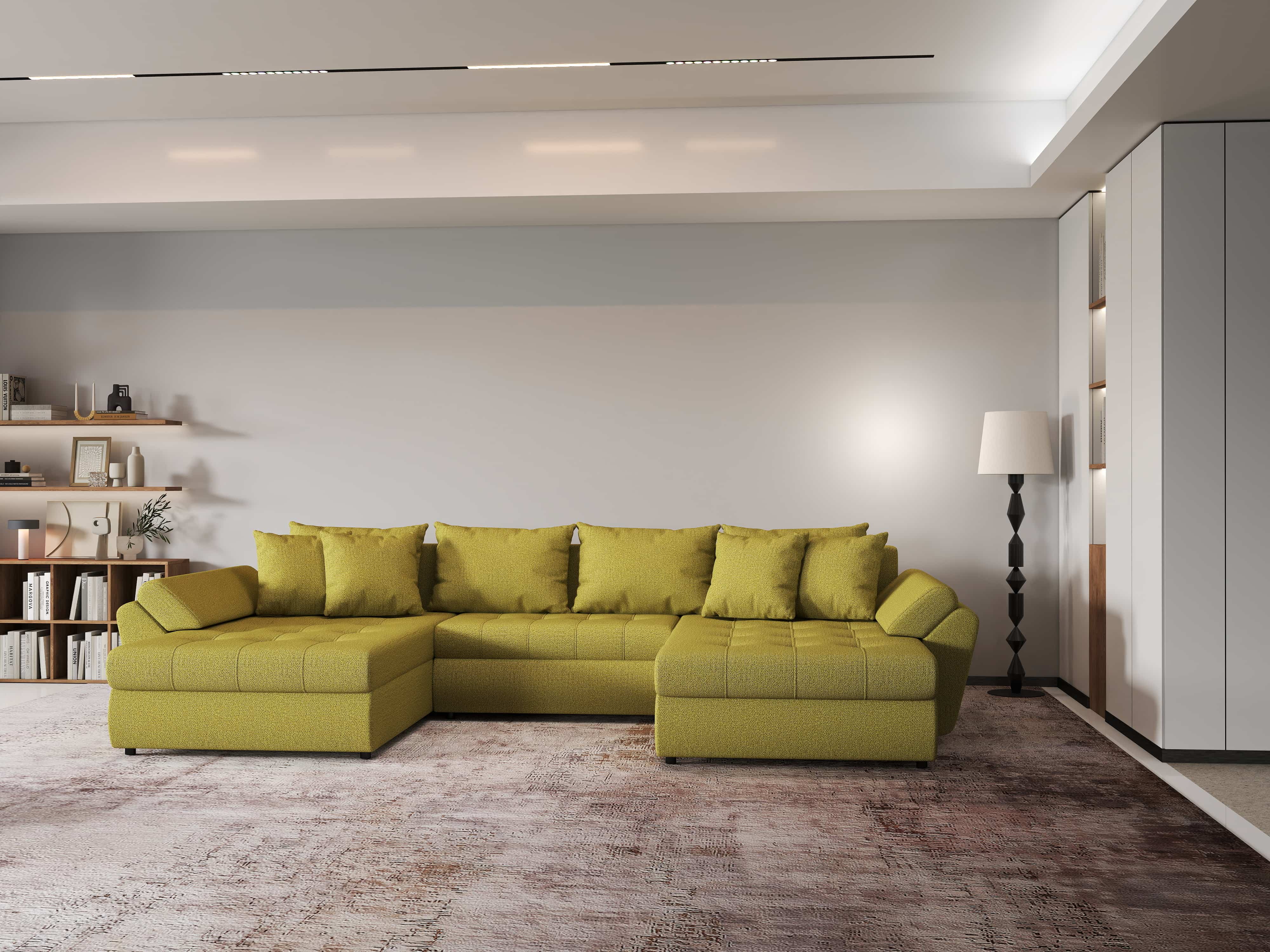 Colțar extensibil dumonde cu ladă de depozitare si sezut confortabil din spuma HR, Loana U Green Lux 355x185 cm Fabrica