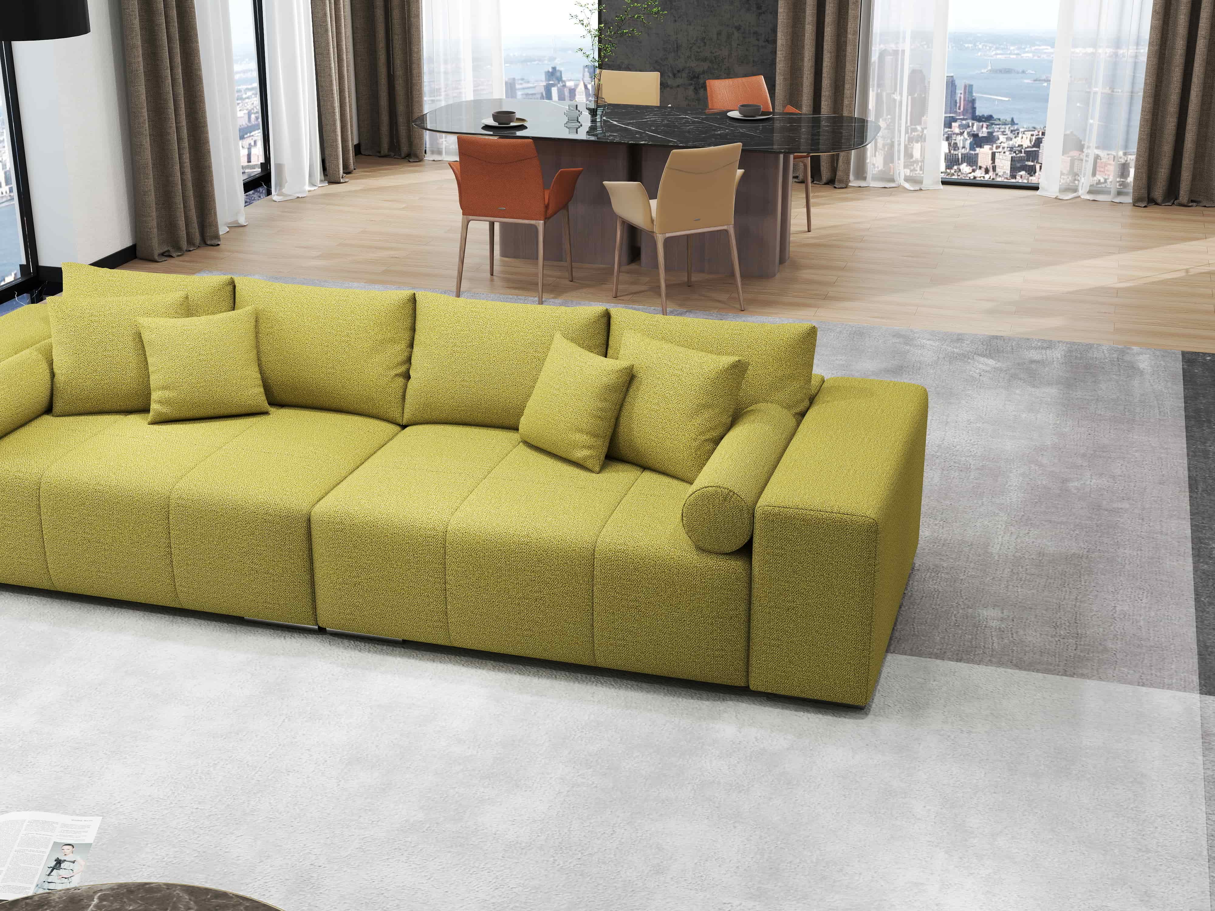 Canapea extensibilă dumonde cu ladă de depozitare si sezut confortabil din spuma HR, Marbela Green Lux XXL 295x100 cm Fabrica