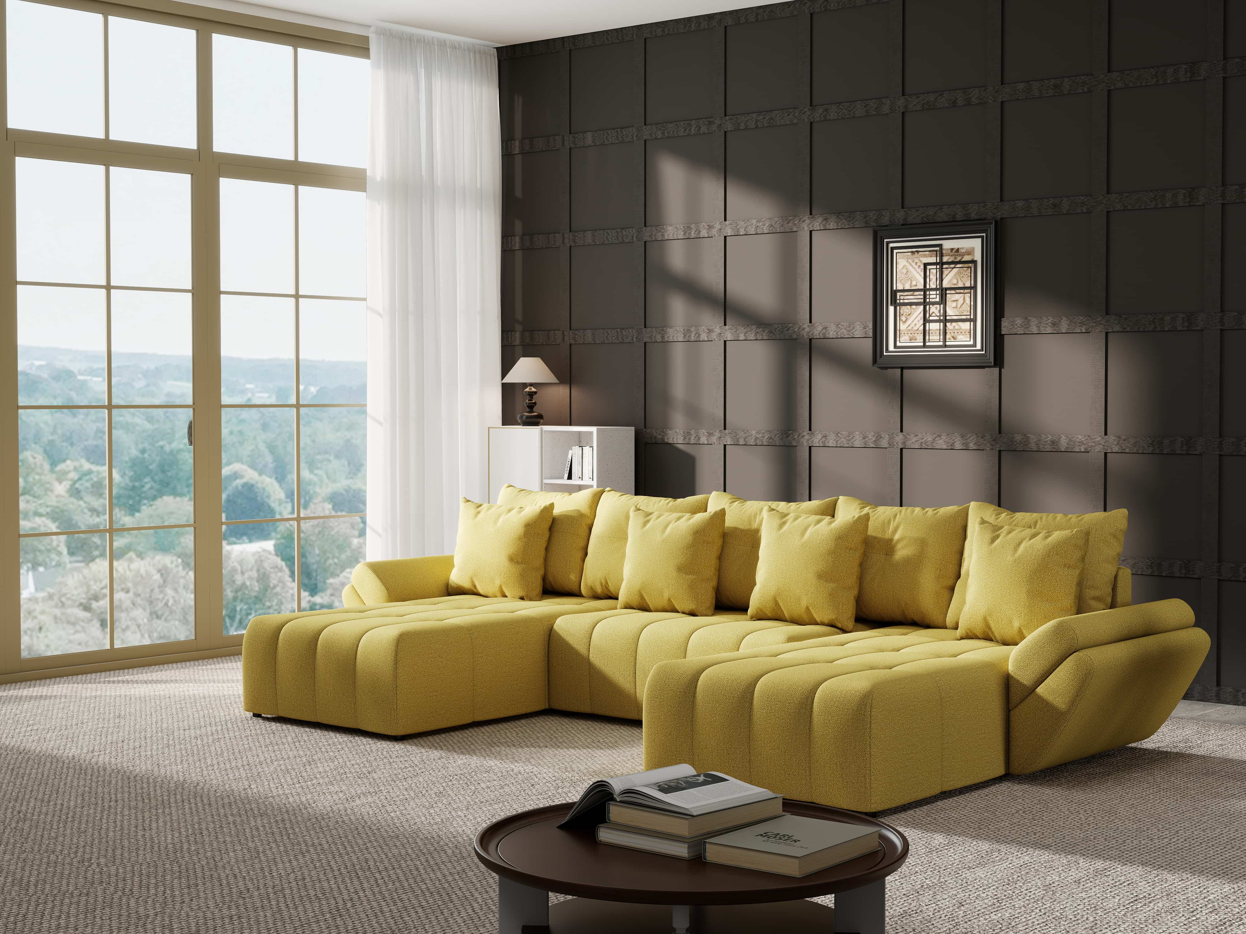 Colțar extensibil dumonde cu ladă de depozitare si sezut confortabil din spuma HR, Berlin U Enjoy Melon 380x180 cm Fabrica