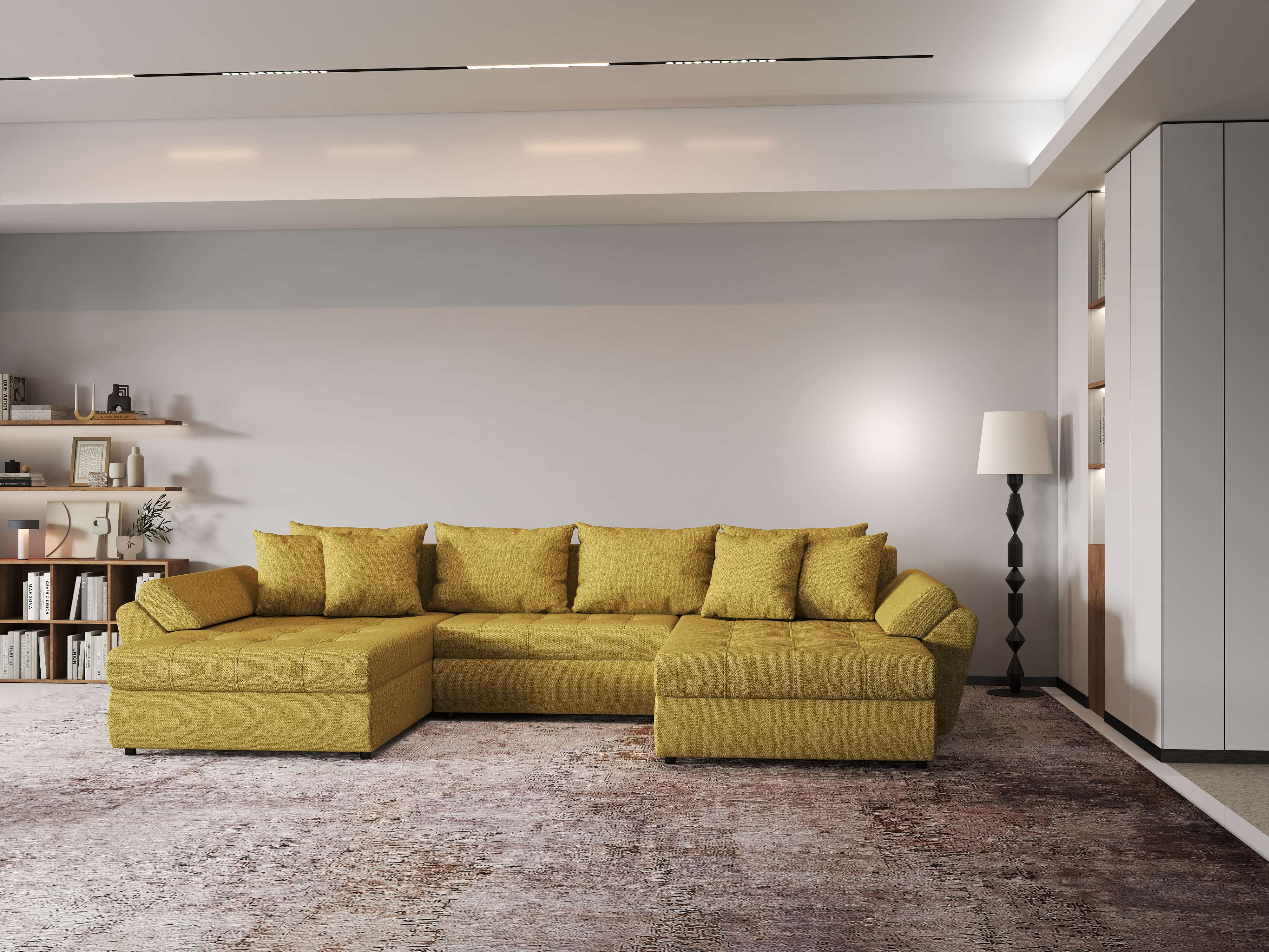 Colțar extensibil dumonde cu ladă de depozitare si sezut confortabil din spuma HR, Loana U Enjoy Melon 355x185 cm Fabrica