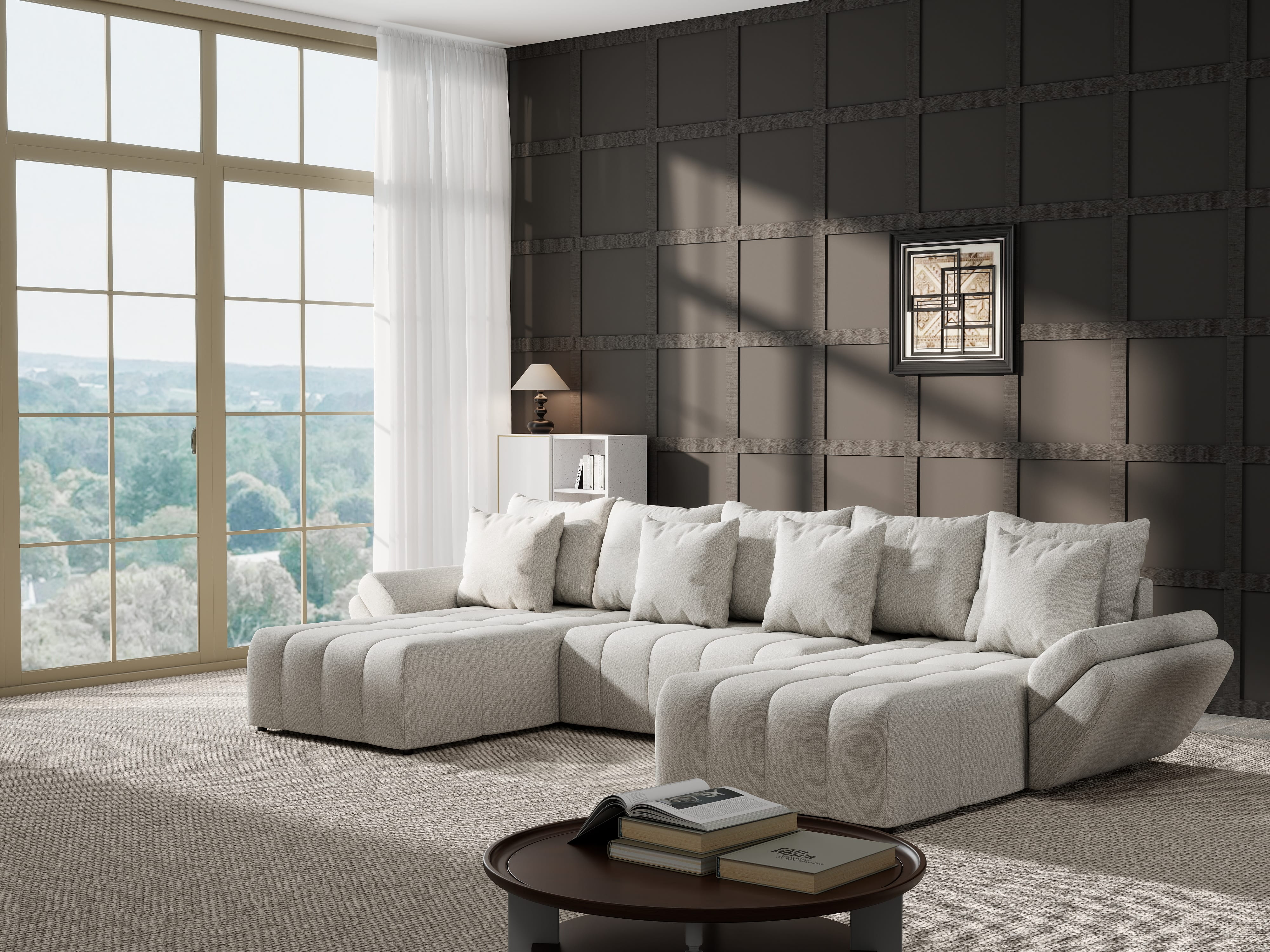 Colțar extensibil dumonde cu ladă de depozitare si sezut confortabil din spuma HR, Berlin U Enjoy Bej 380x180 cm Fabrica