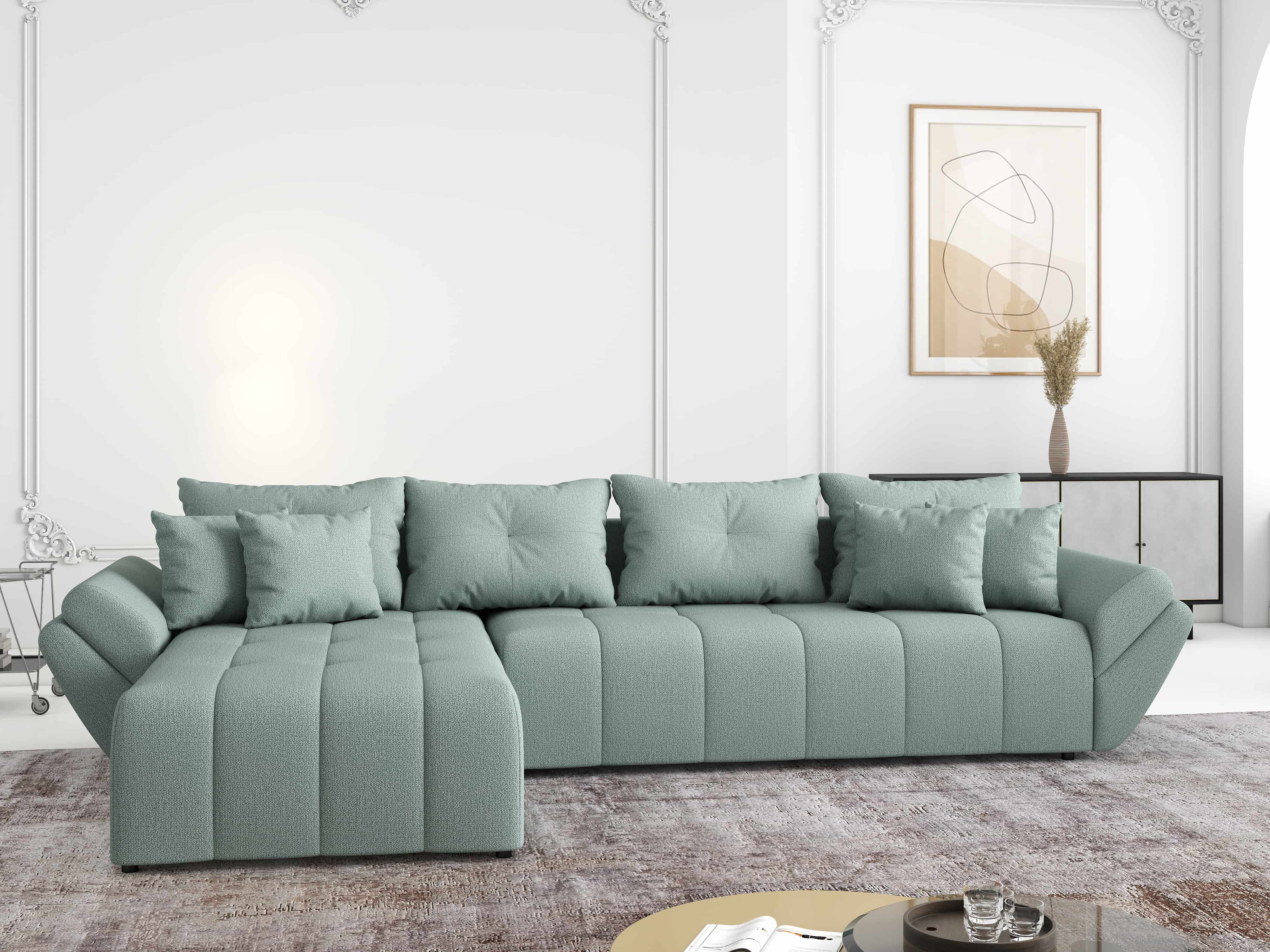 Colțar extensibil dumonde cu ladă de depozitare si sezut confortabil din spuma HR, Berlin XL Enjoy Mint 350x185 cm Fabrica
