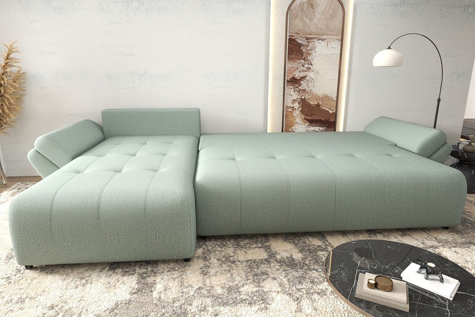 Colțar extensibil dumonde cu ladă de depozitare si sezut confortabil din spuma HR, Berlin XL Enjoy Mint 350x185 cm