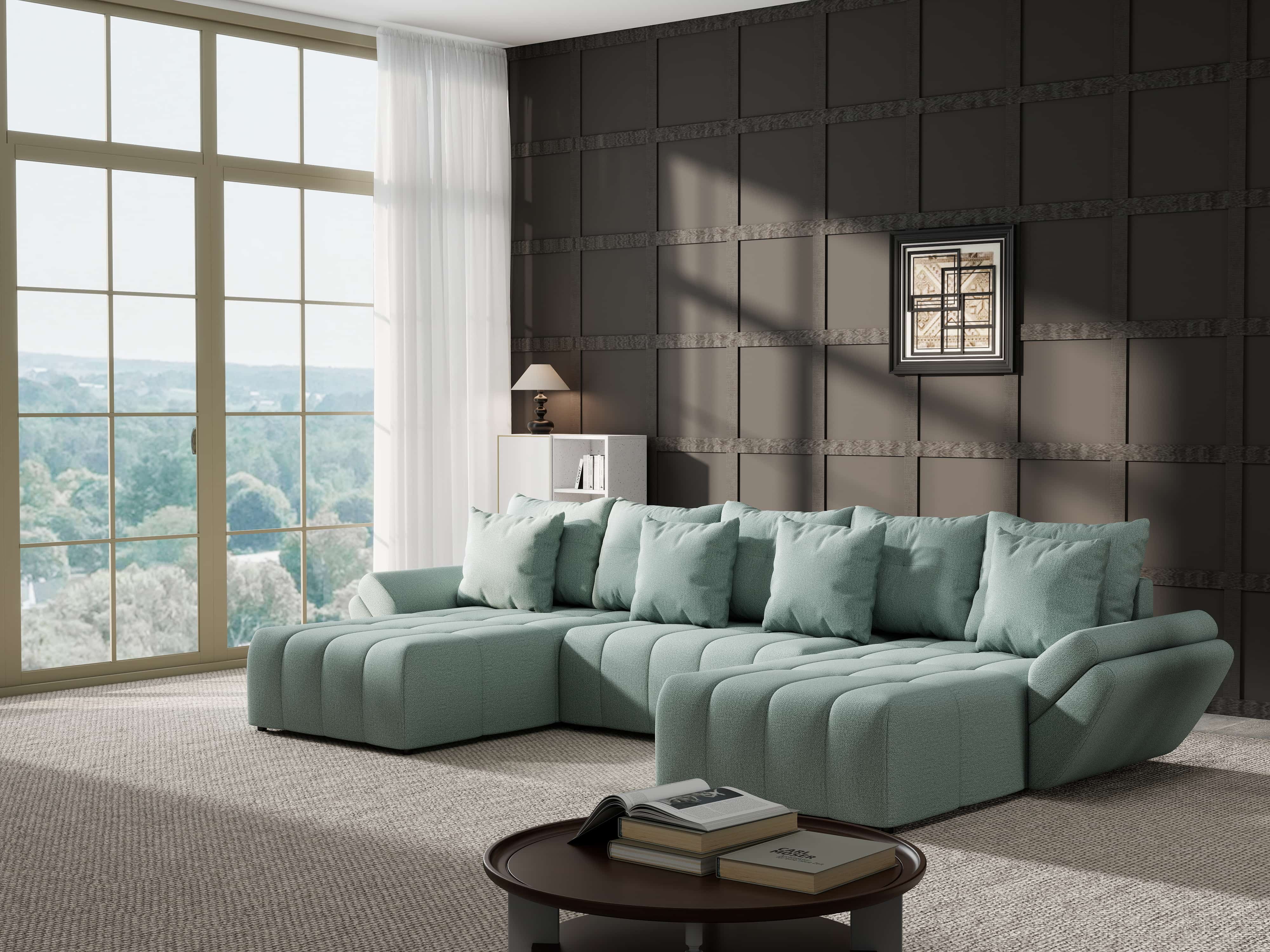 Colțar extensibil dumonde cu ladă de depozitare si sezut confortabil din spuma HR, Berlin U Enjoy Mint 380x180 cm Fabrica