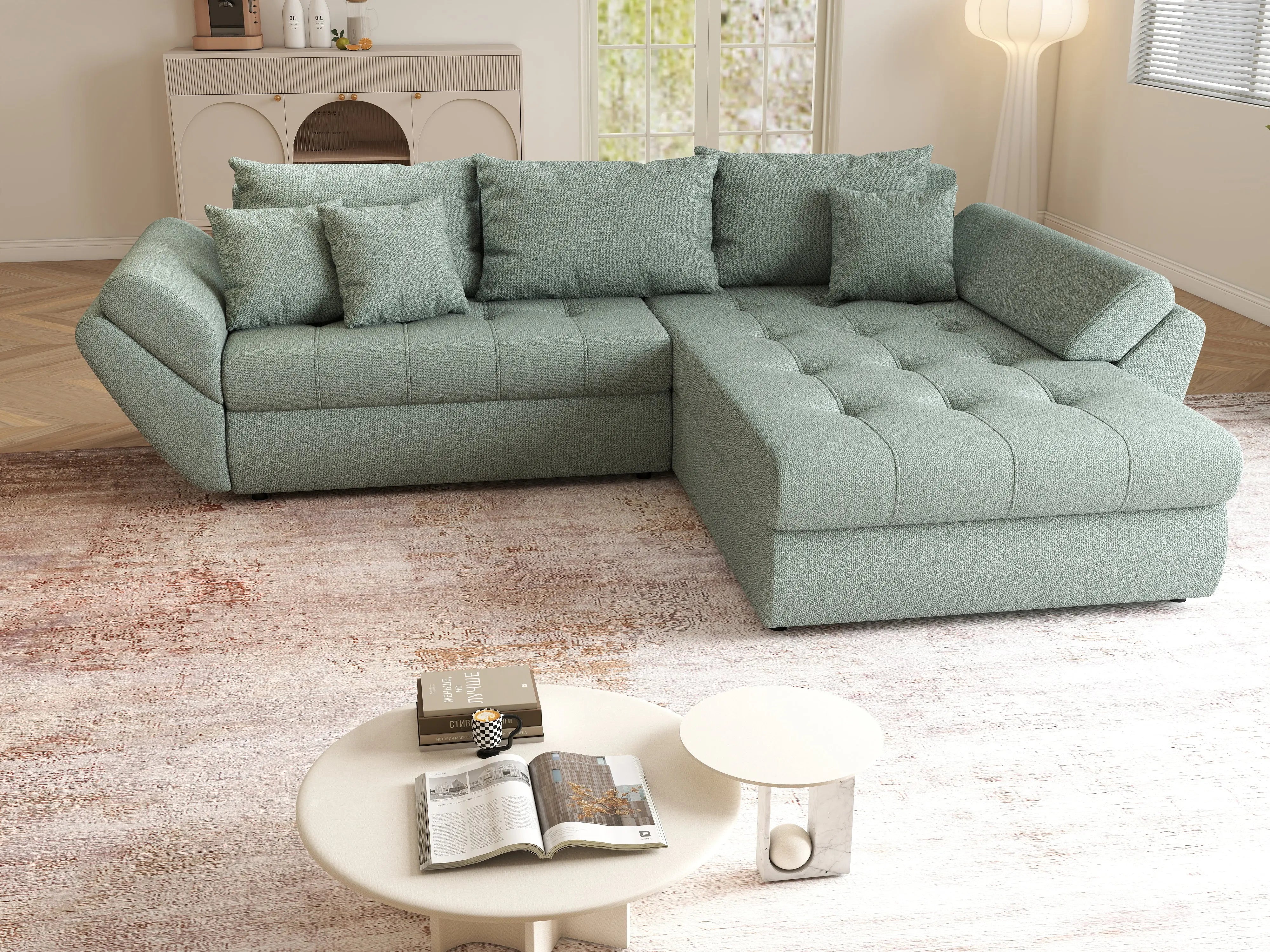 Colțar extensibil dumonde cu ladă de depozitare si sezut confortabil din spuma HR, Loana Mint II 270x185 cm Fabrica