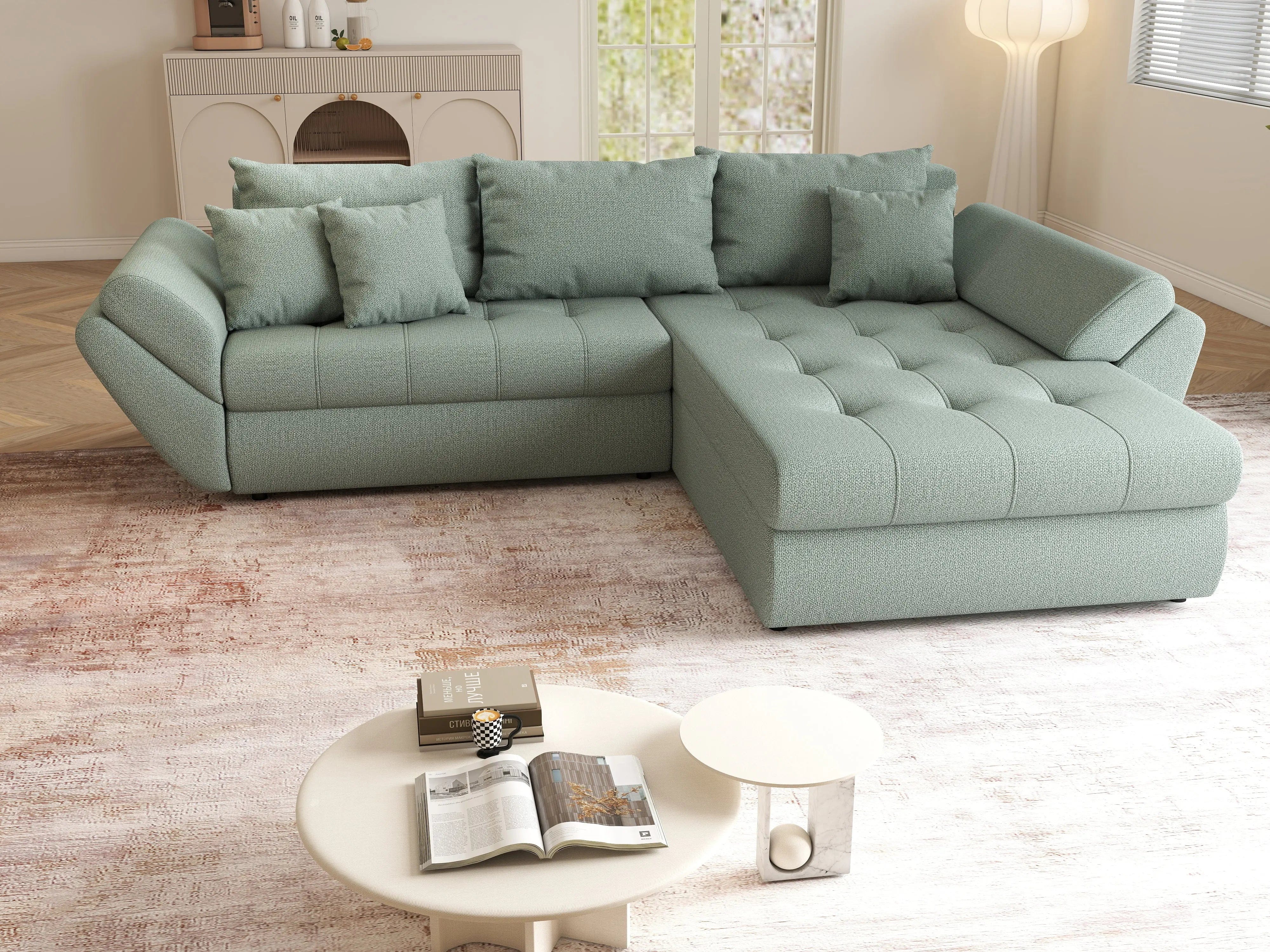 Colțar extensibil dumonde cu ladă de depozitare si sezut confortabil din spuma HR, Loana Mint II 270x185 cm Fabrica