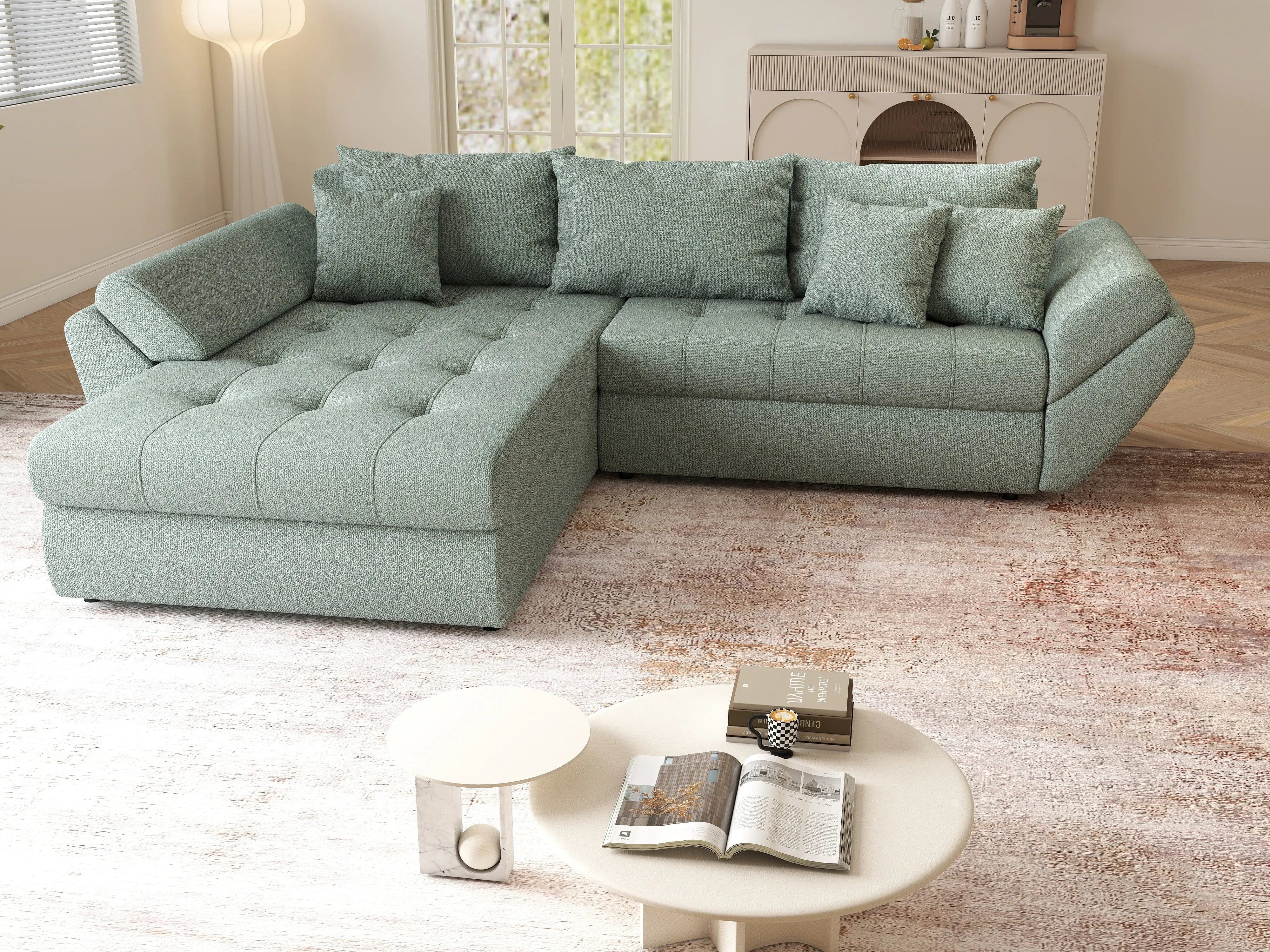 Colțar extensibil dumonde cu ladă de depozitare si sezut confortabil din spuma HR, Loana Mint 270x185 cm Fabrica