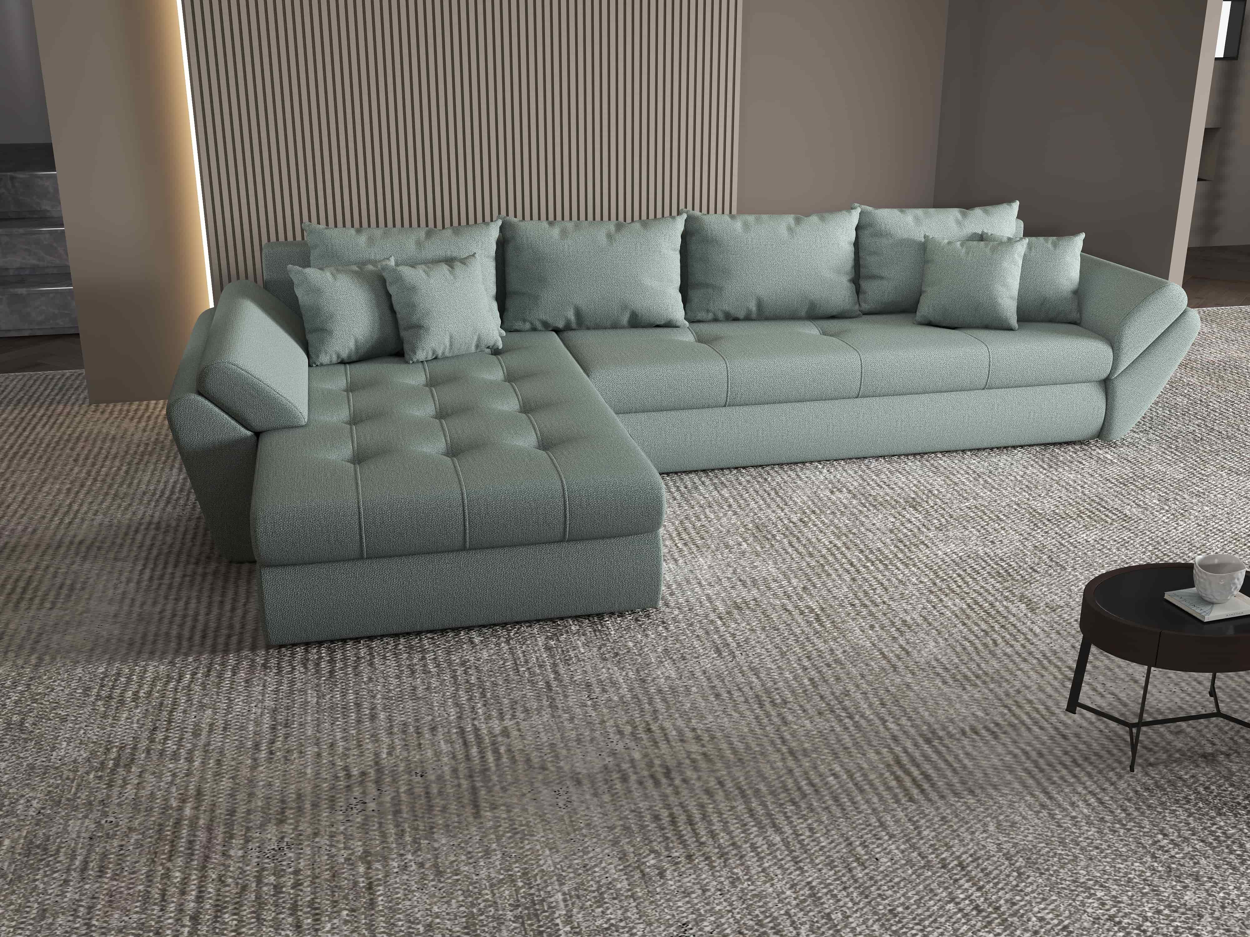 Colțar extensibil dumonde cu ladă de depozitare si sezut confortabil din spuma HR, Loana XL Enjoy Mint 335x185 cm Fabrica