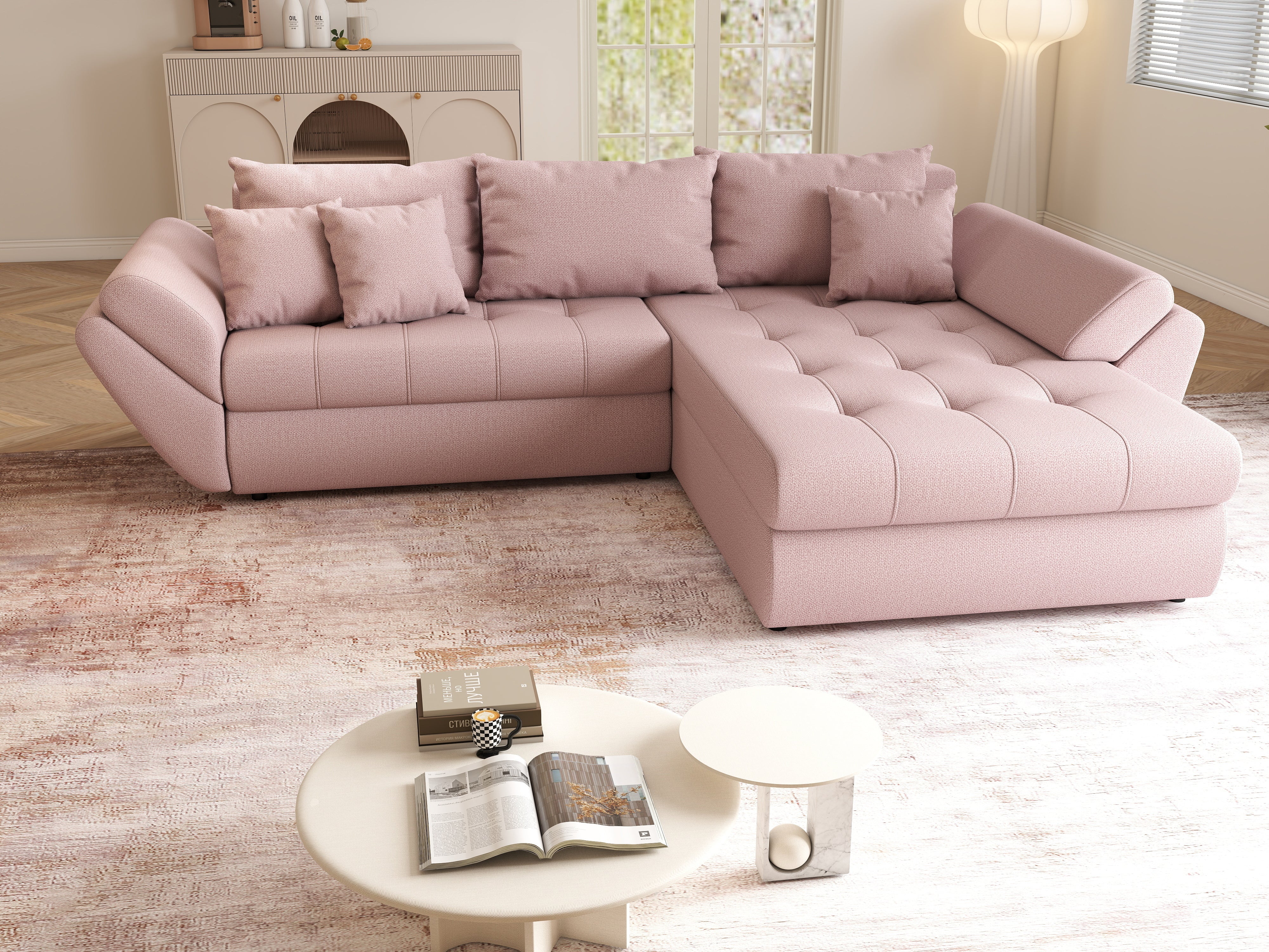 Colțar extensibil dumonde cu ladă de depozitare si sezut confortabil din spuma HR, Loana Enjoy Flamingo II 270x185 cm Fabrica