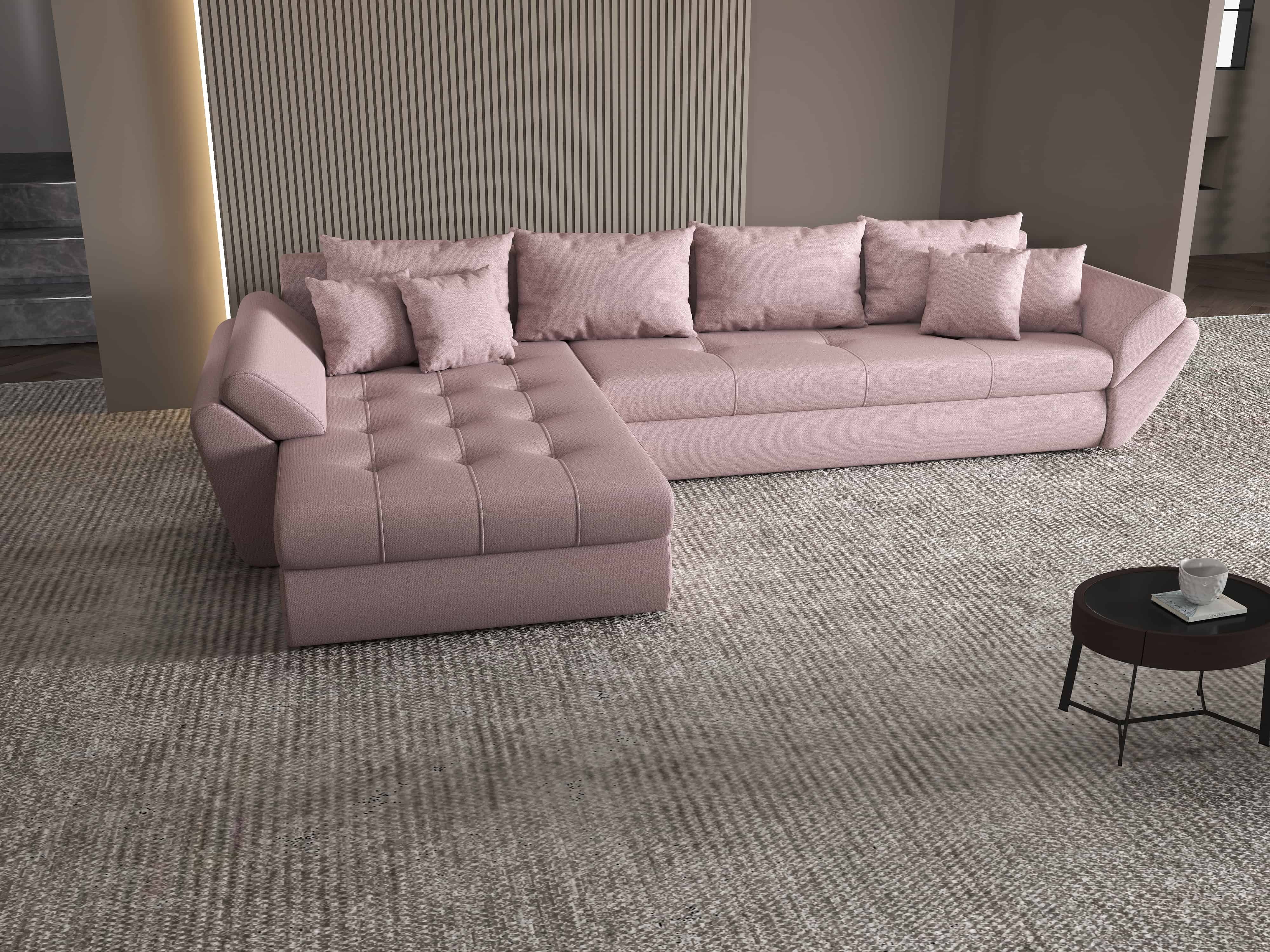 Colțar extensibil dumonde cu ladă de depozitare si sezut confortabil din spuma HR, Loana XL Enjoy Flamingo 335x185 cm Fabrica