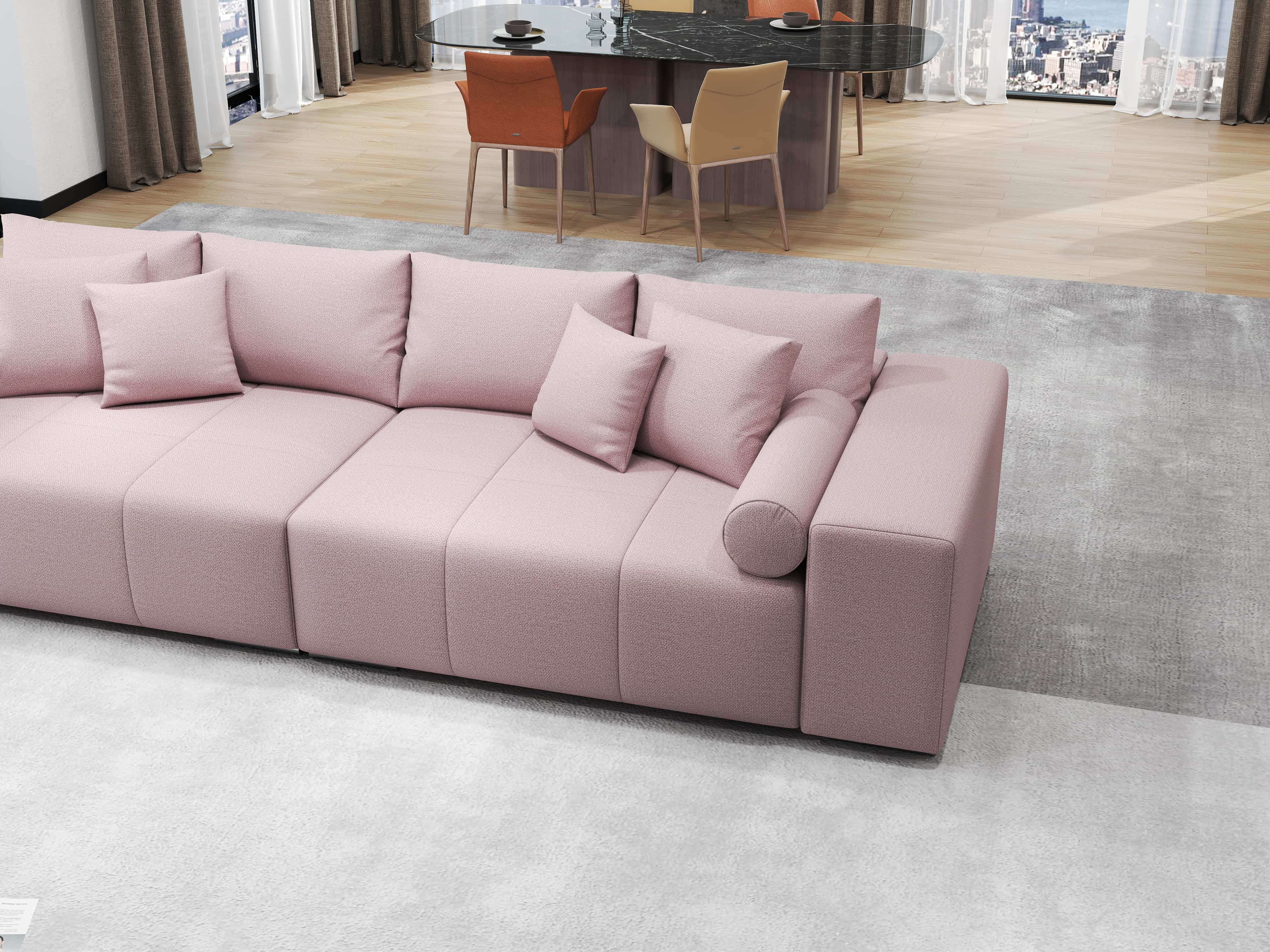 Canapea extensibilă dumonde cu ladă de depozitare si sezut confortabil din spuma HR, Marbela Pink XXL 295x100 cm Fabrica