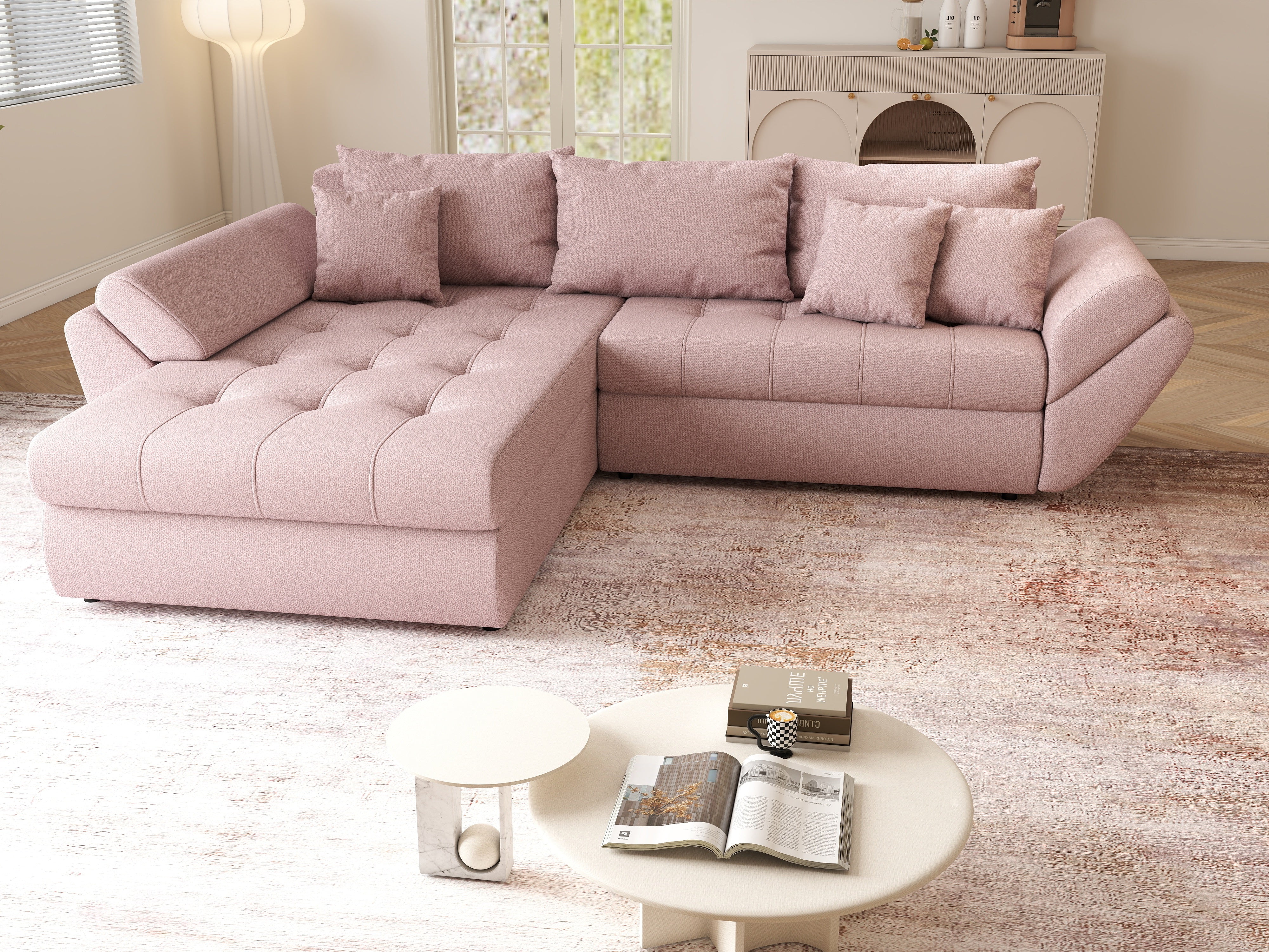 Colțar extensibil dumonde cu ladă de depozitare si sezut confortabil din spuma HR, Loana Enjoy Flamingo 270x185 cm Fabrica