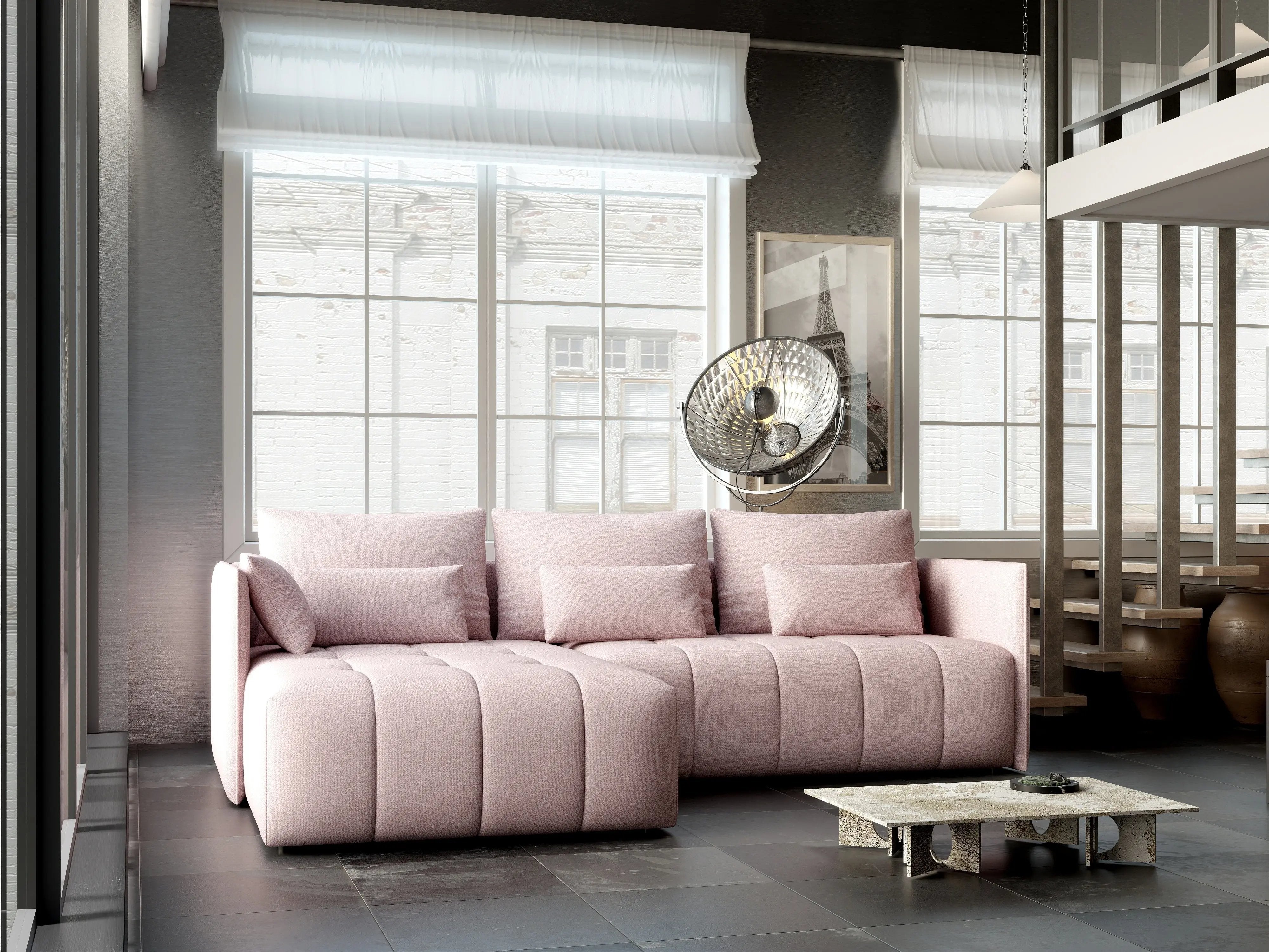 Colțar extensibil dumonde cu ladă de depozitare si sezut confortabil din spuma HR, Malta Enjoy Flamingo 235x185 cm Fabrica