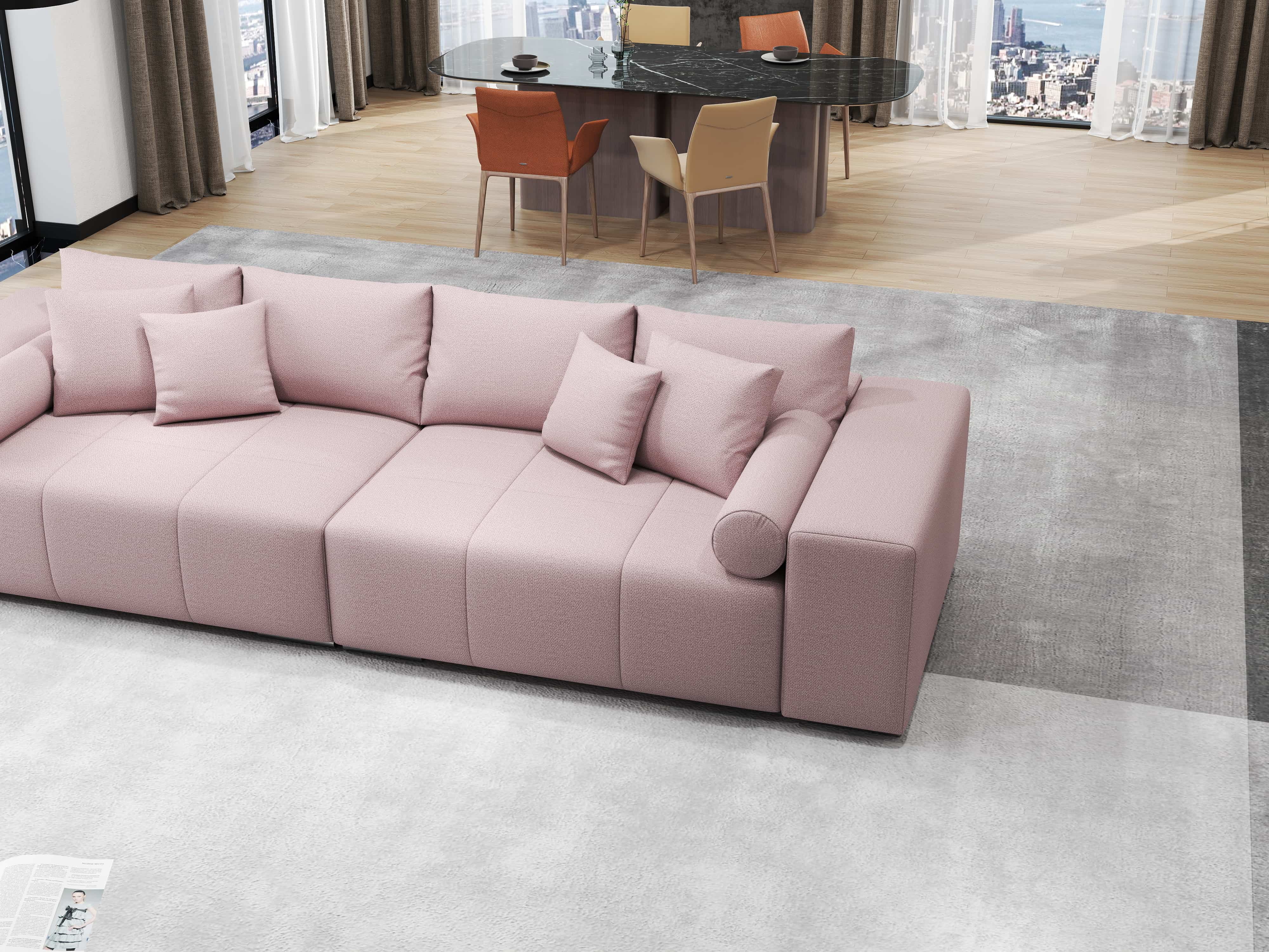 Canapea extensibilă dumonde cu ladă de depozitare si sezut confortabil din spuma HR, Marbela Pink XXL 295x100 cm Fabrica
