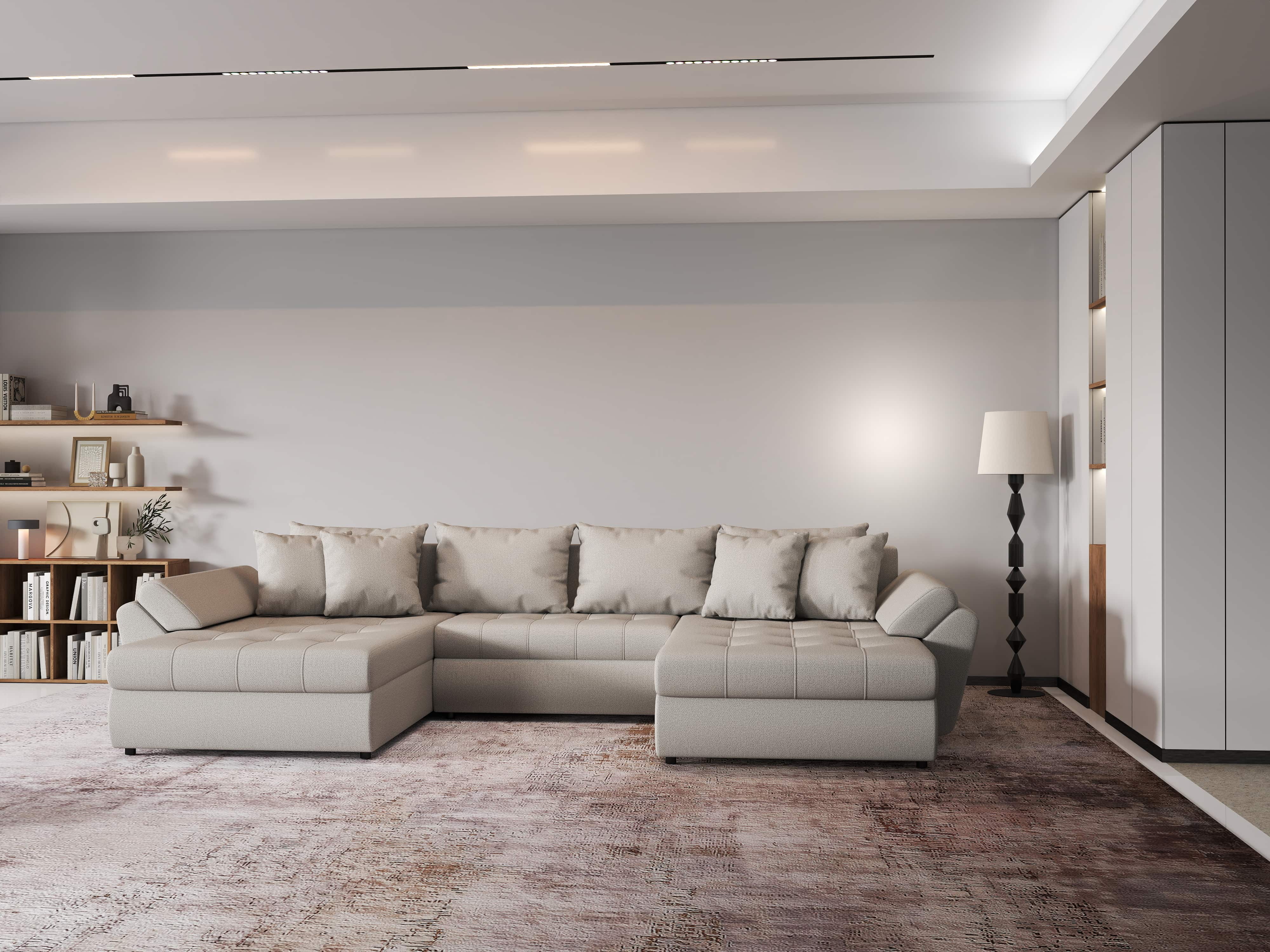 Colțar extensibil dumonde cu ladă de depozitare si sezut confortabil din spuma HR, Loana Bej U 355x185 cm Fabrica