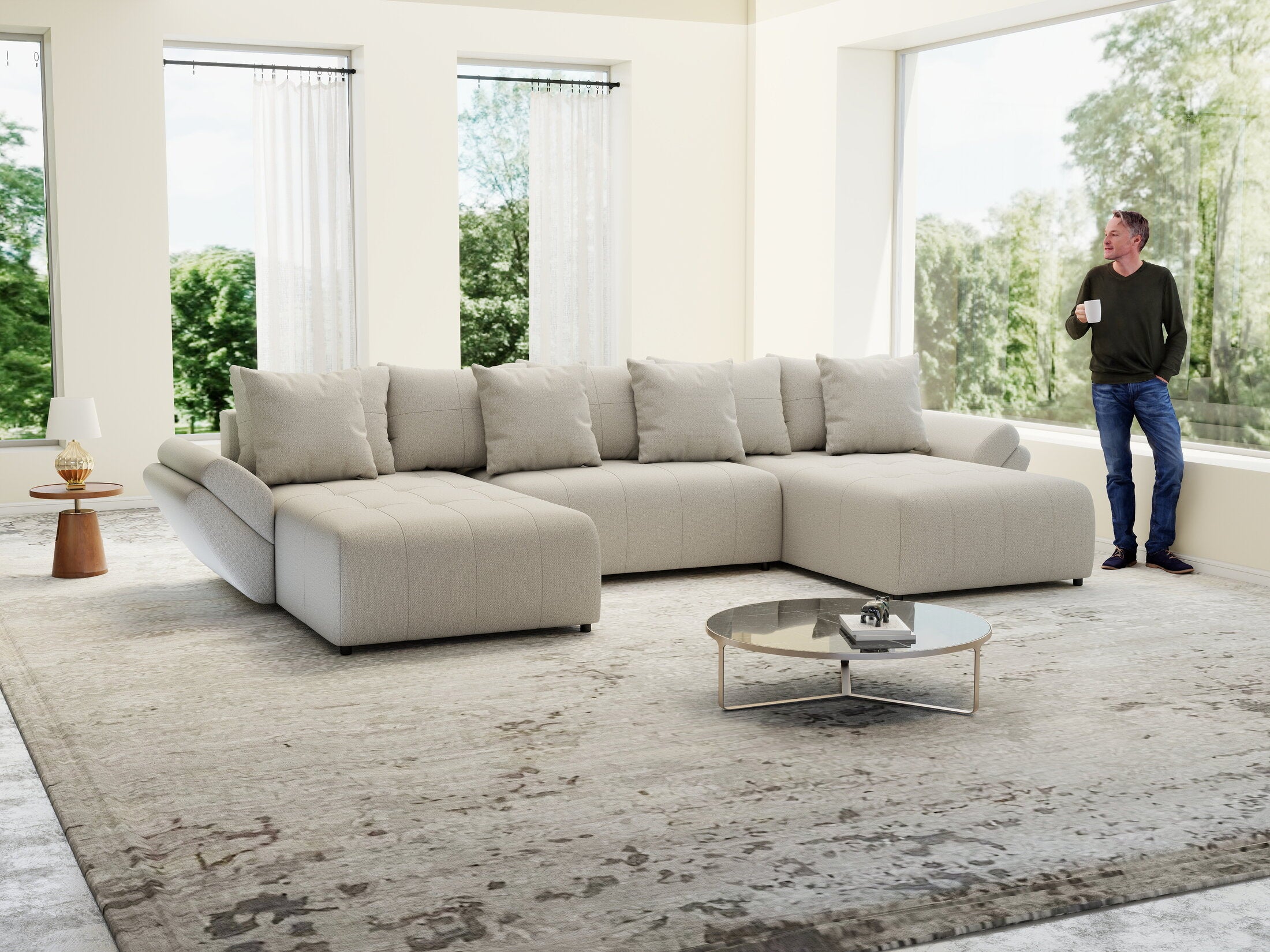 Colțar extensibil dumonde cu ladă de depozitare si sezut confortabil din spuma HR, Berlin U Enjoy Bej 380x180 cm