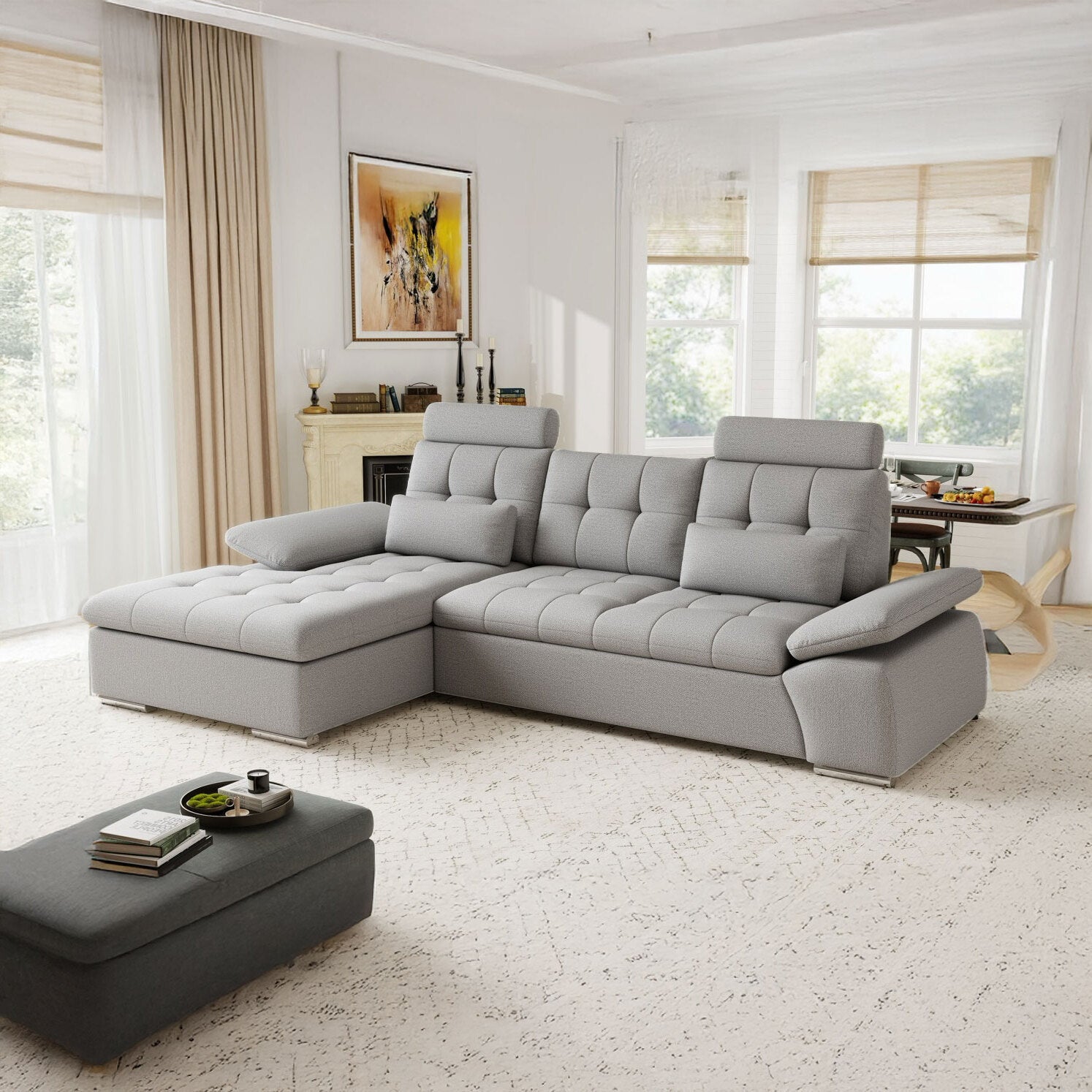 Colțar extensibil dumonde cu ladă de depozitare și șezut confortabil din spumă HR, Merkur Enjoy Gri 270x168 cm