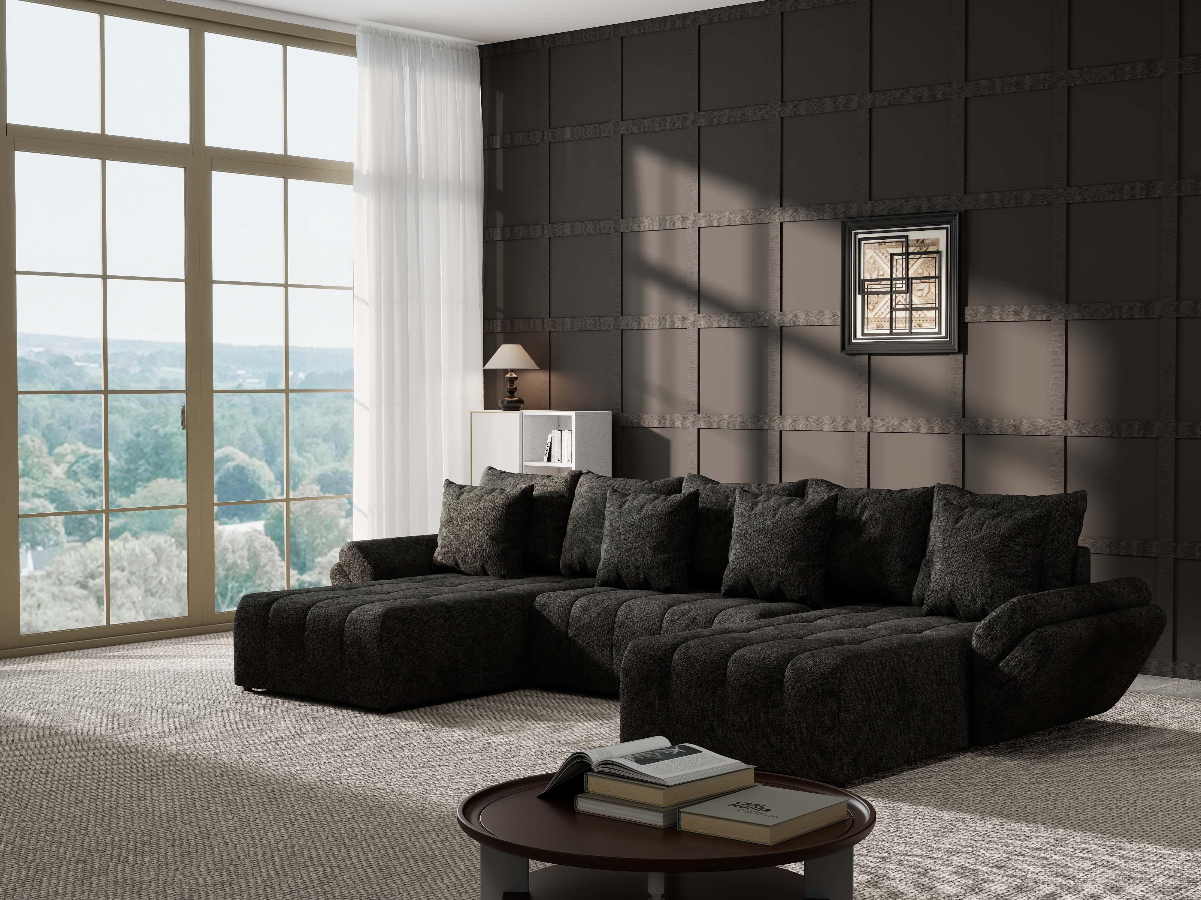 Colțar extensibil dumonde cu ladă de depozitare si sezut confortabil din spuma HR, Berlin U Enjoy Black 380x180 cm Fabrica